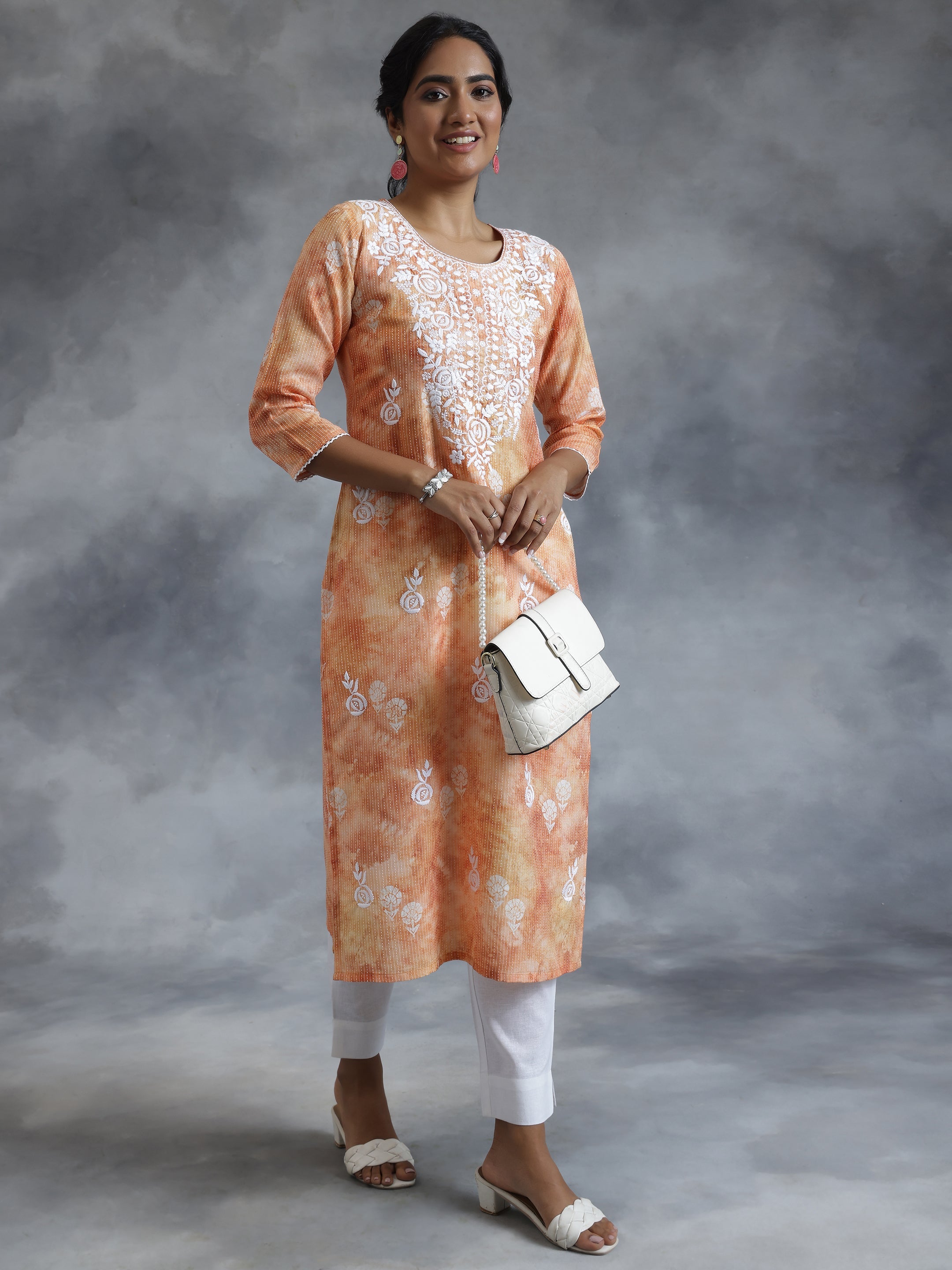 Rust Embroidered Cotton Straight Kurta