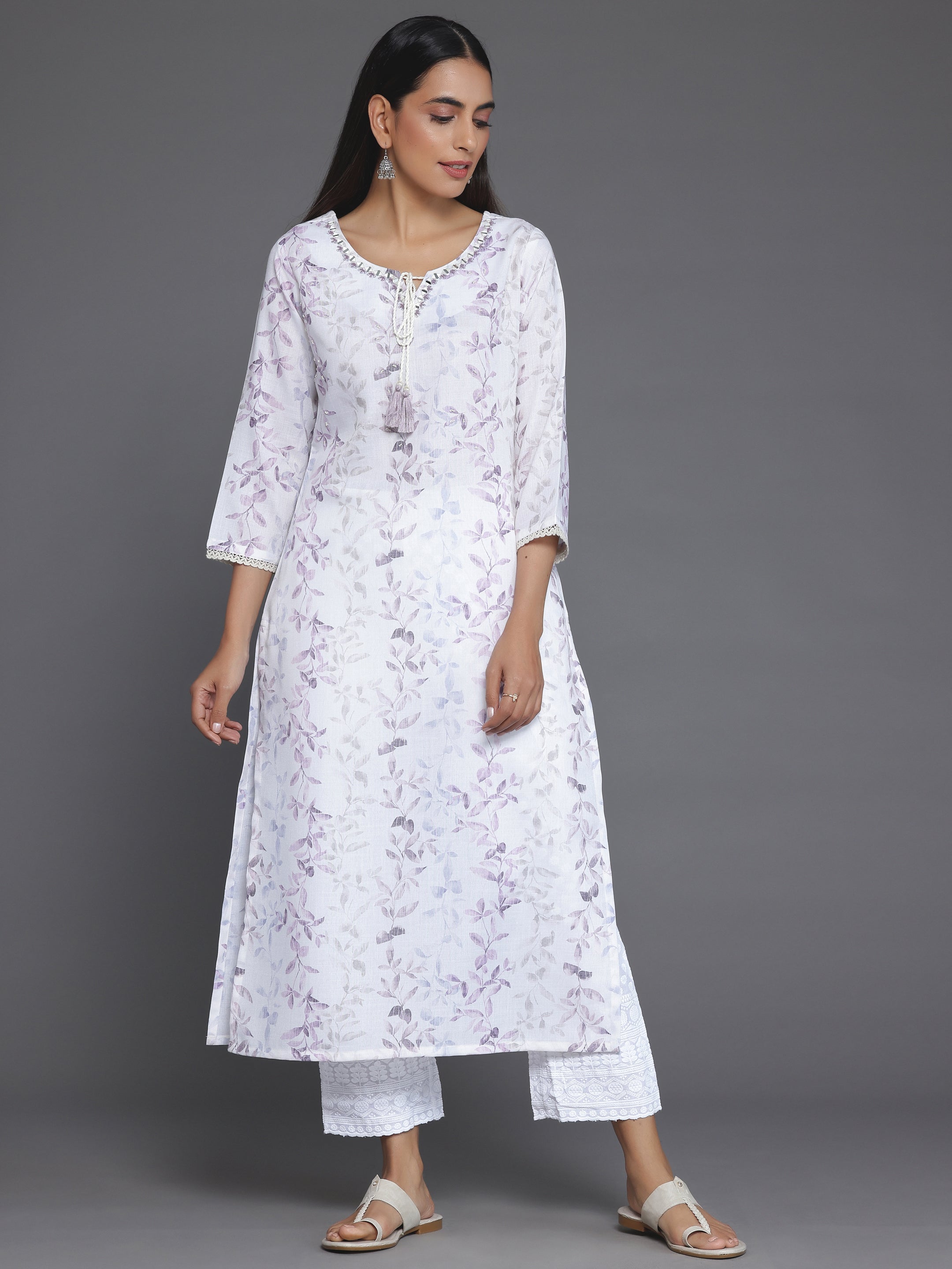 Off White Printed Cotton Straight Kurta