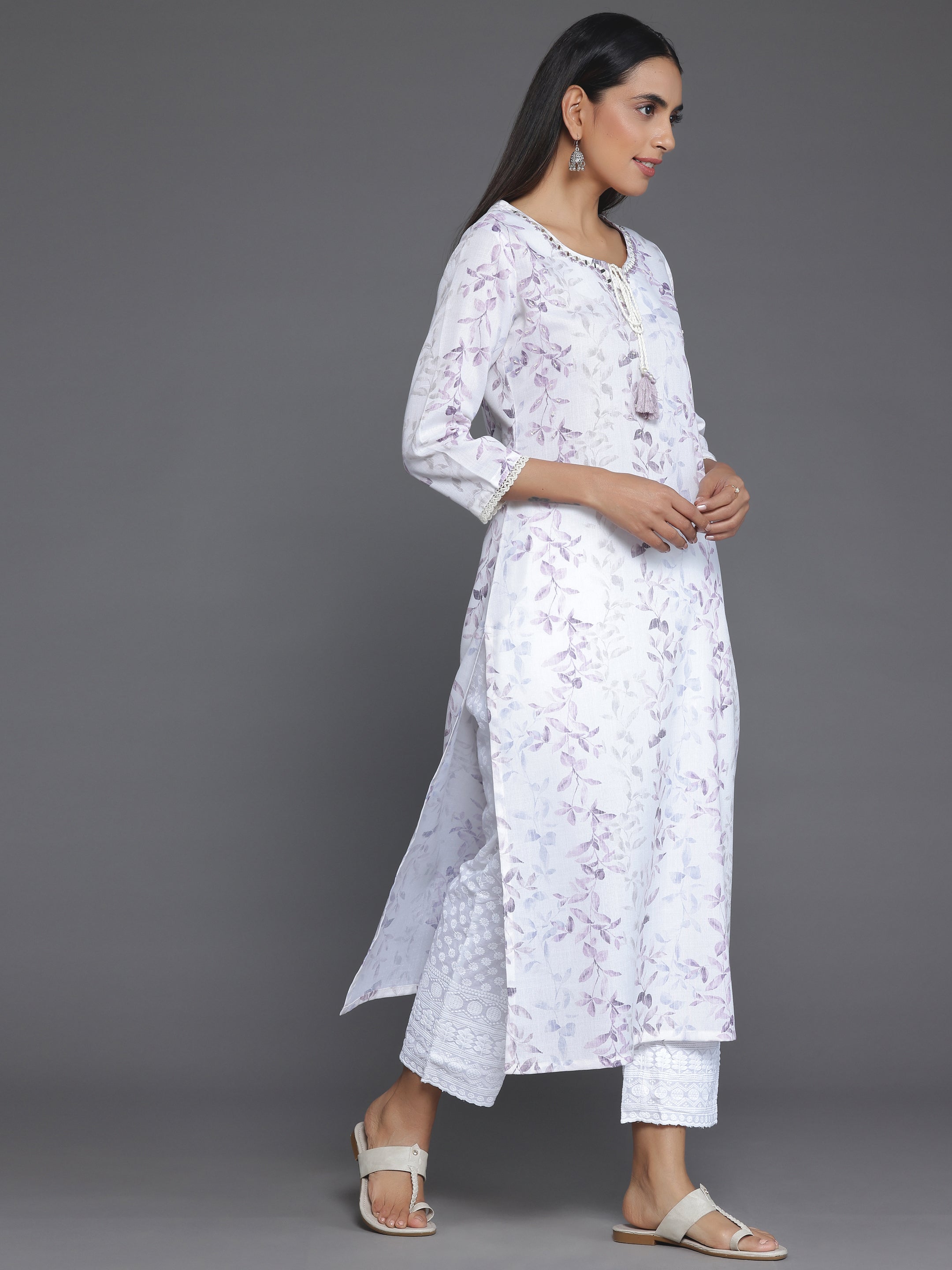 Off White Printed Cotton Straight Kurta