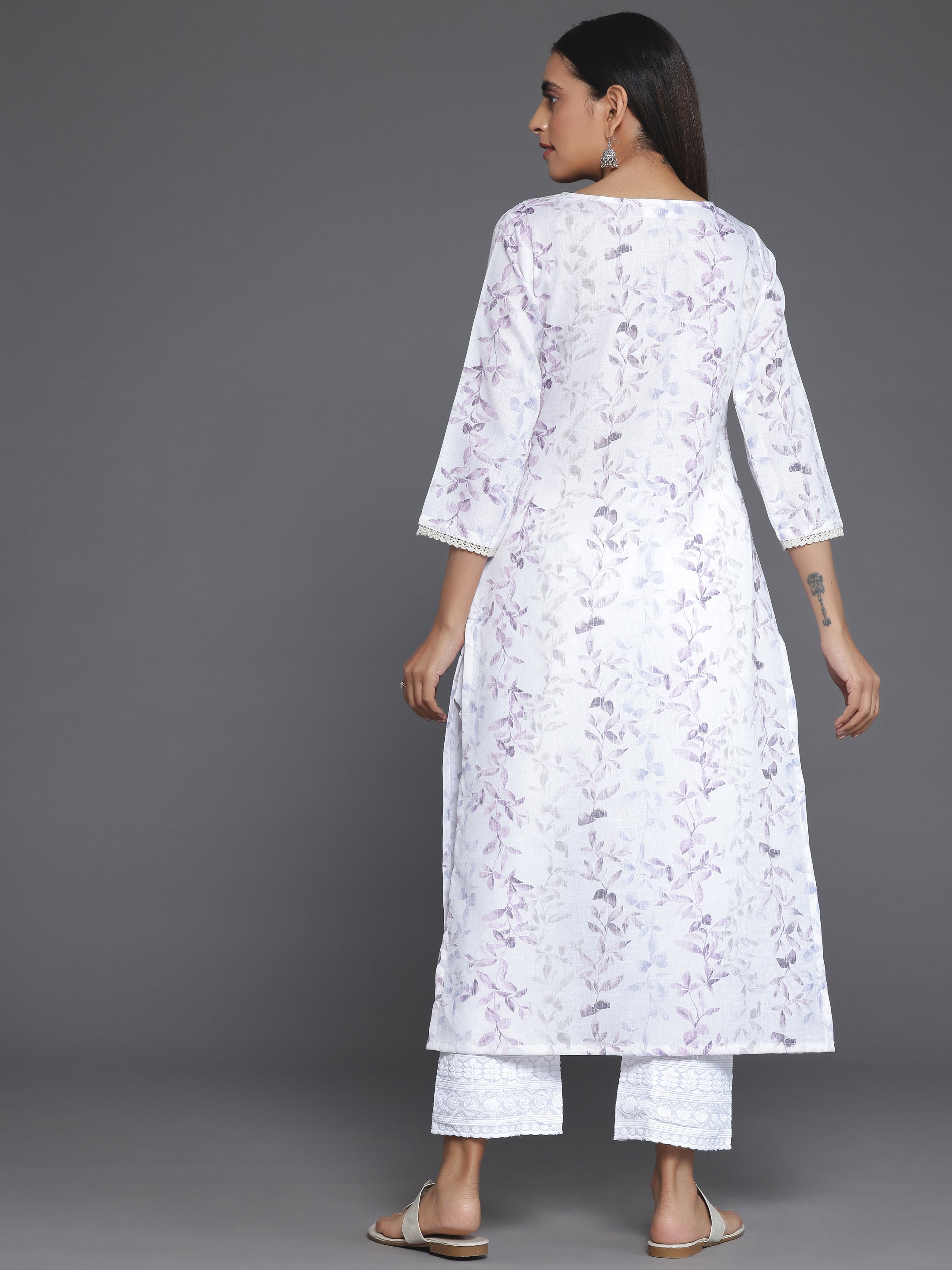 Off White Printed Cotton Straight Kurta