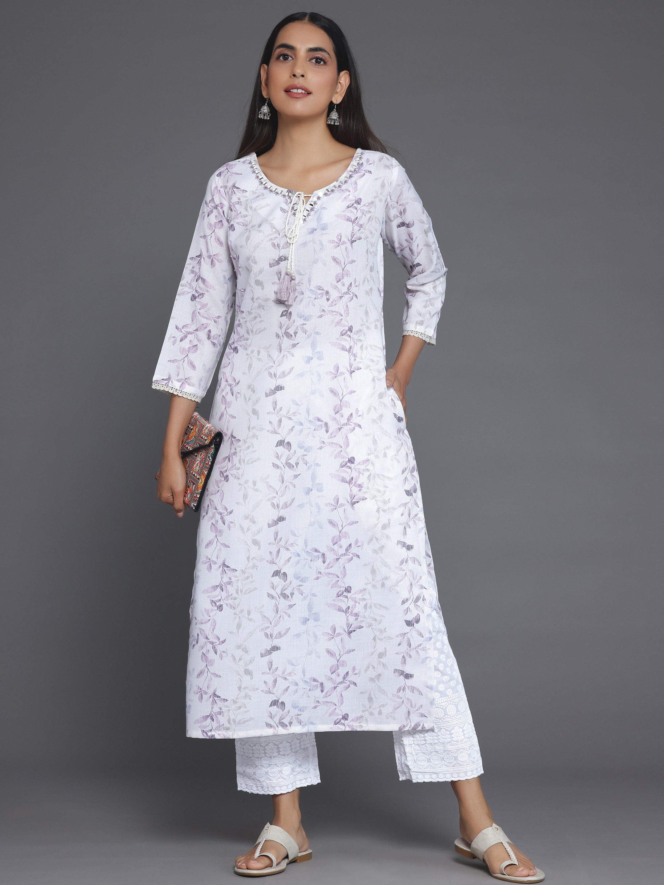 Off White Printed Cotton Straight Kurta