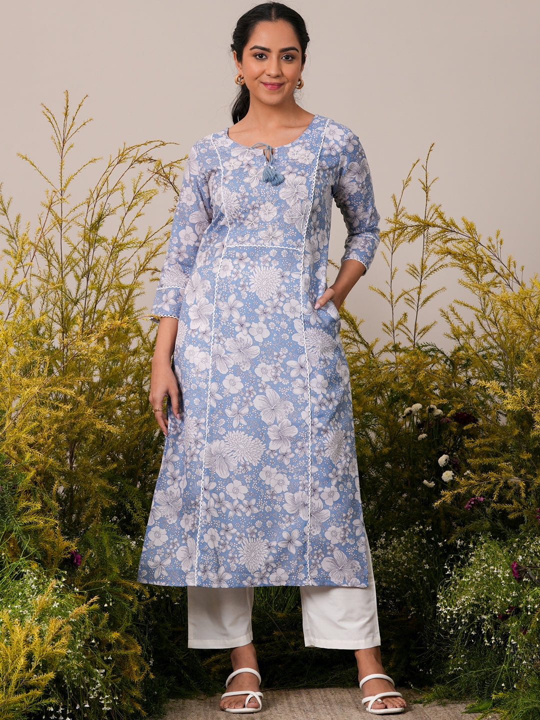 Blue Printed Cotton Straight Kurta