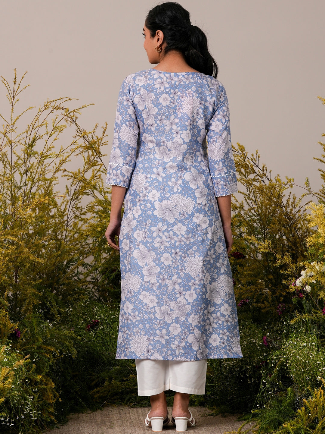 Blue Printed Cotton Straight Kurta