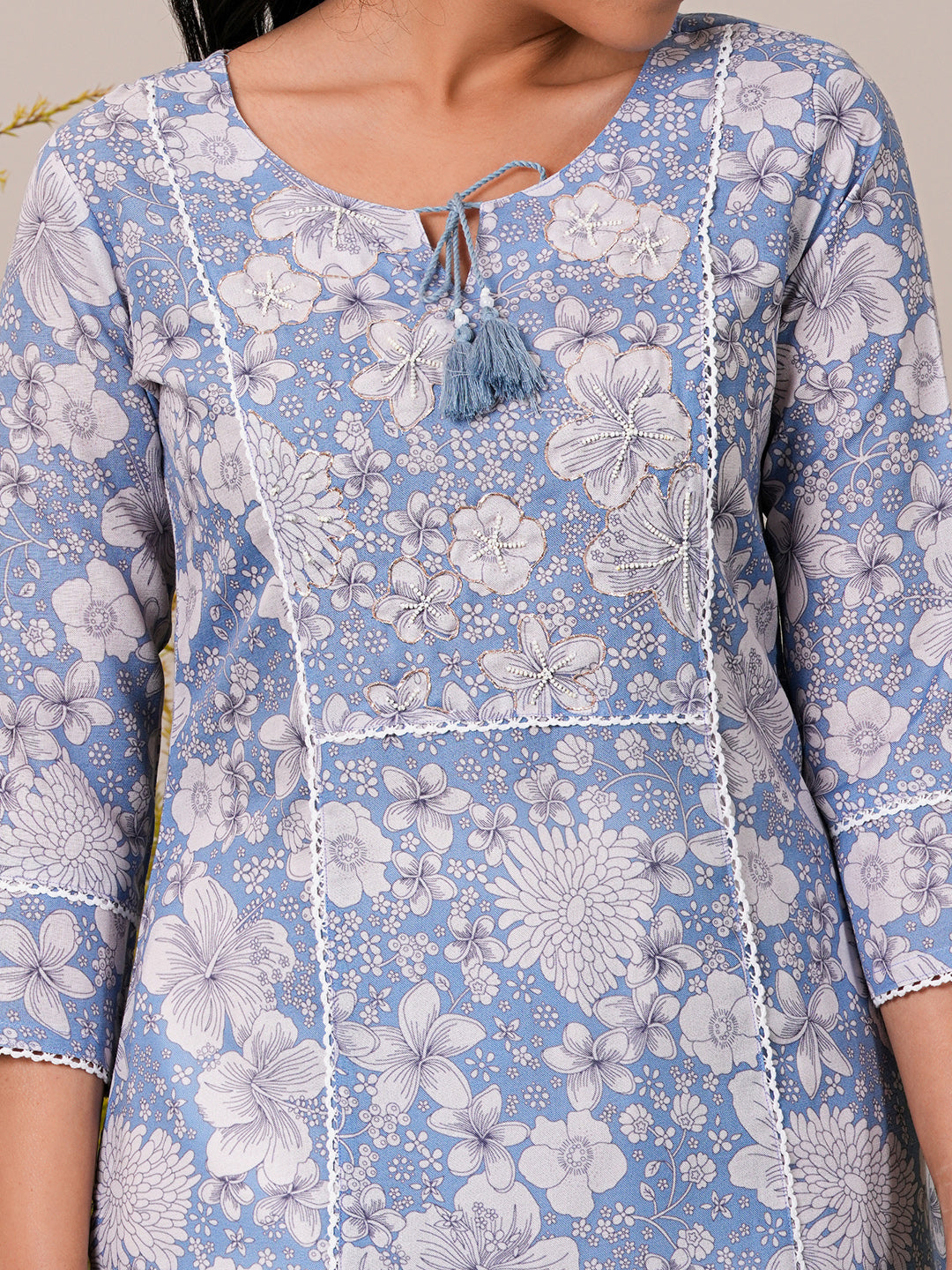 Blue Printed Cotton Straight Kurta