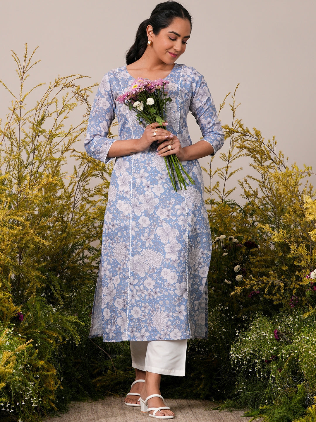 Blue Printed Cotton Straight Kurta