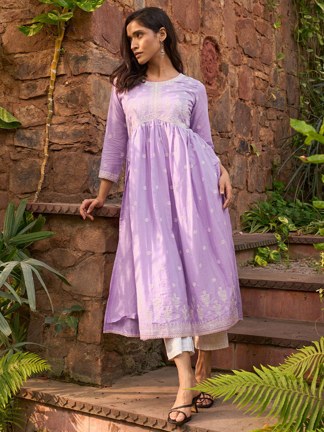 Lavender Embroidered Cotton A-Line Kurta