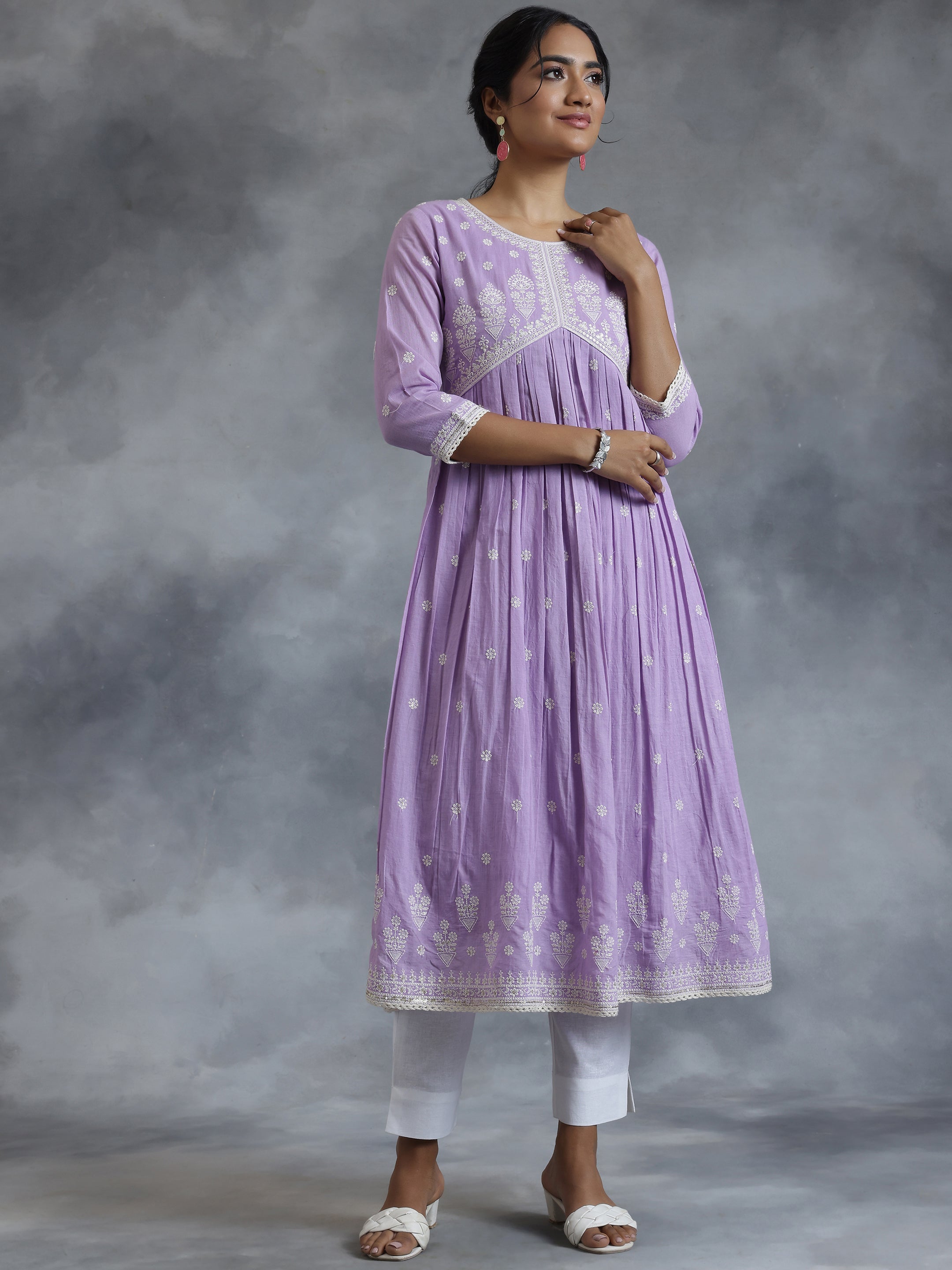 Lavender Embroidered Cotton A-Line Kurta