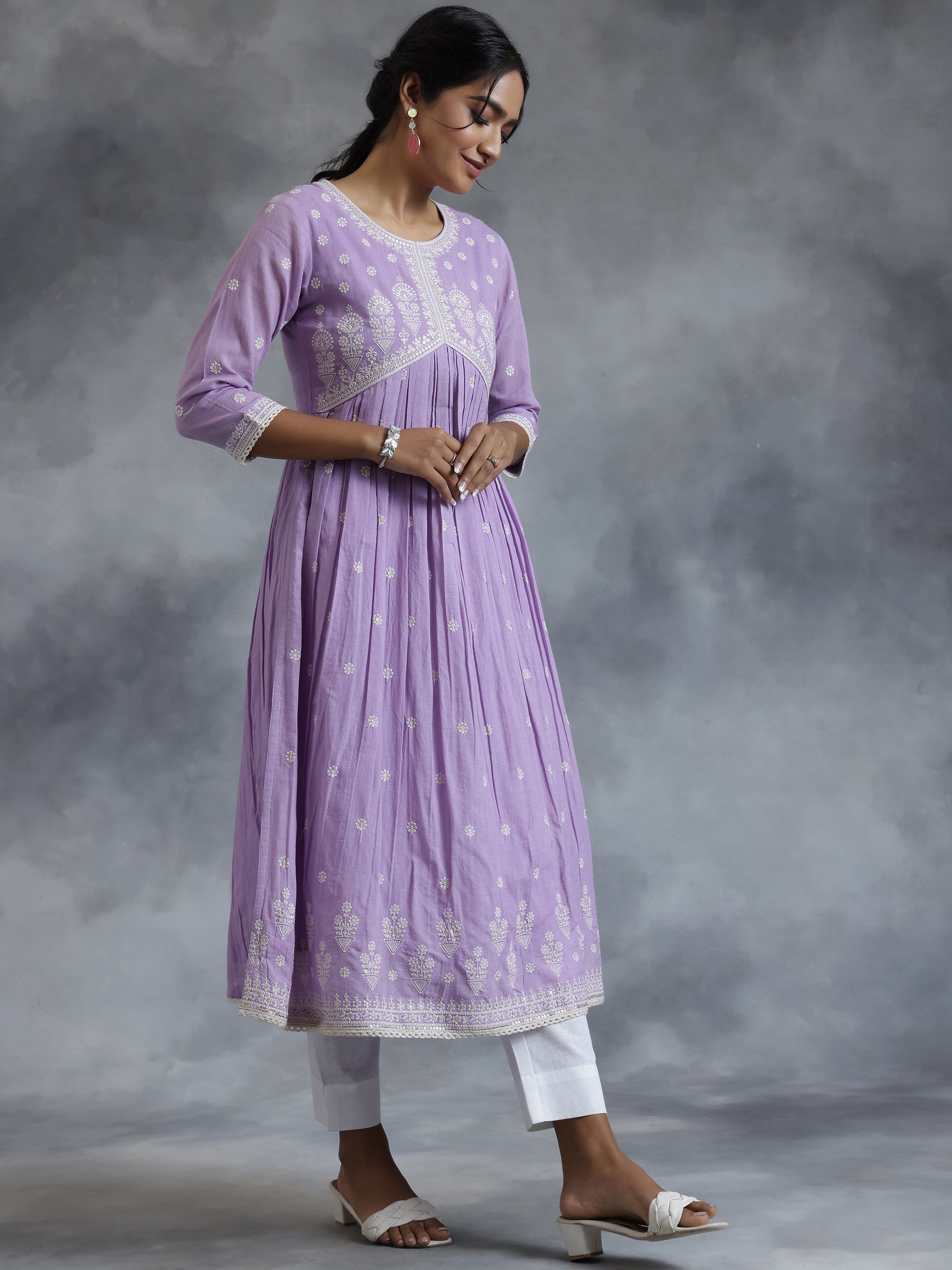 Lavender Embroidered Cotton A-Line Kurta