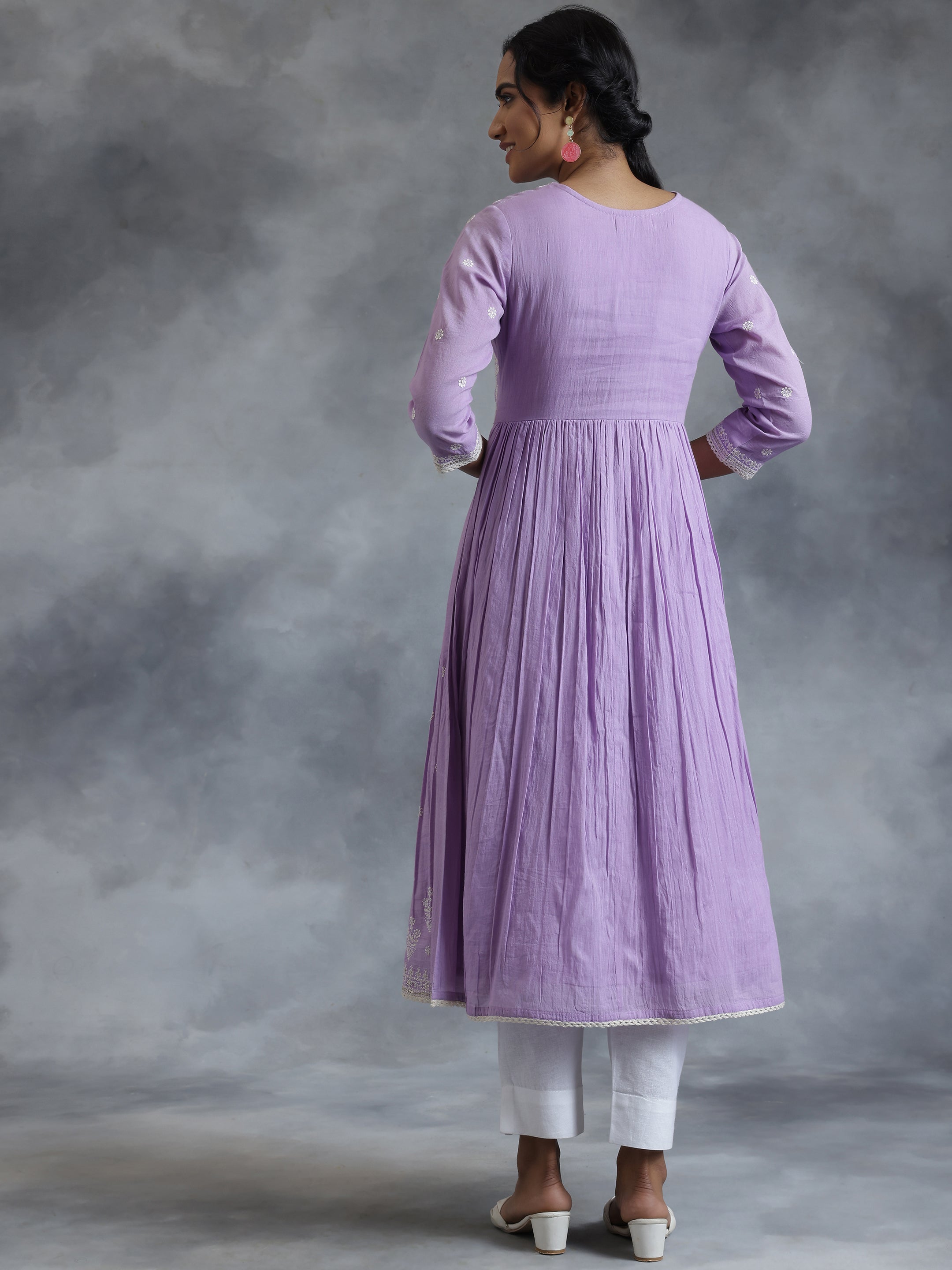 Lavender Embroidered Cotton A-Line Kurta