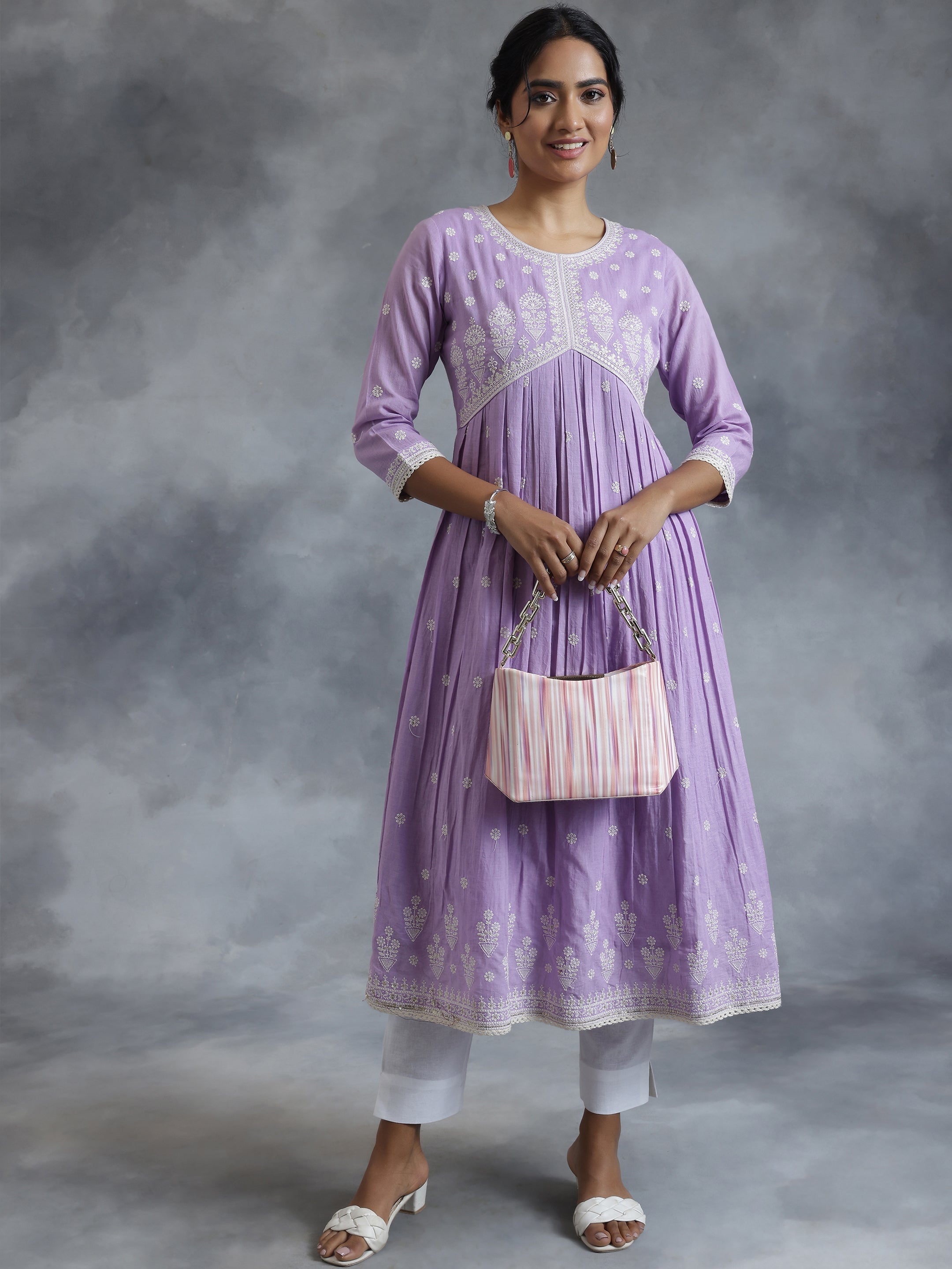 Lavender Embroidered Cotton A-Line Kurta