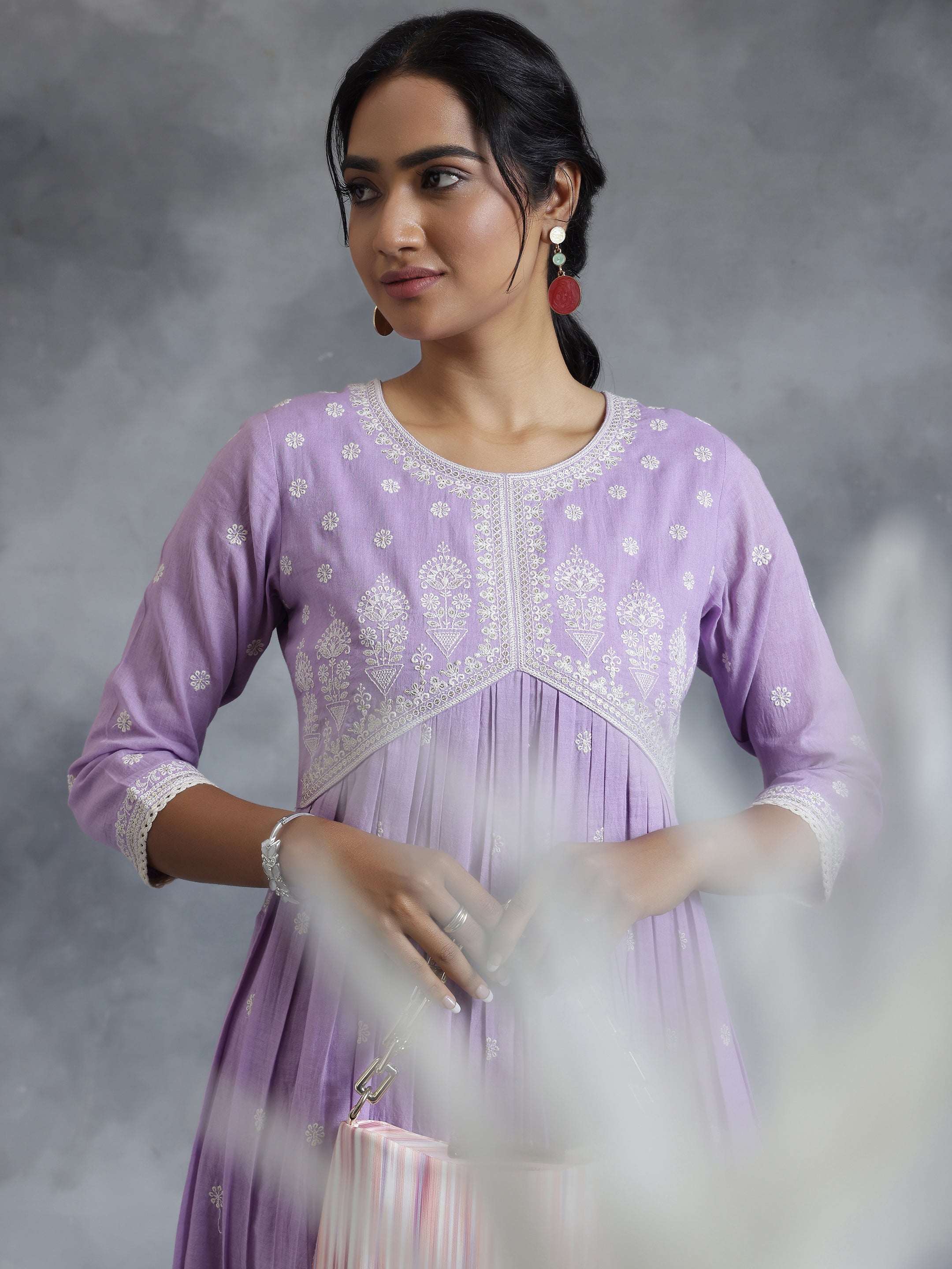 Lavender Embroidered Cotton A-Line Kurta