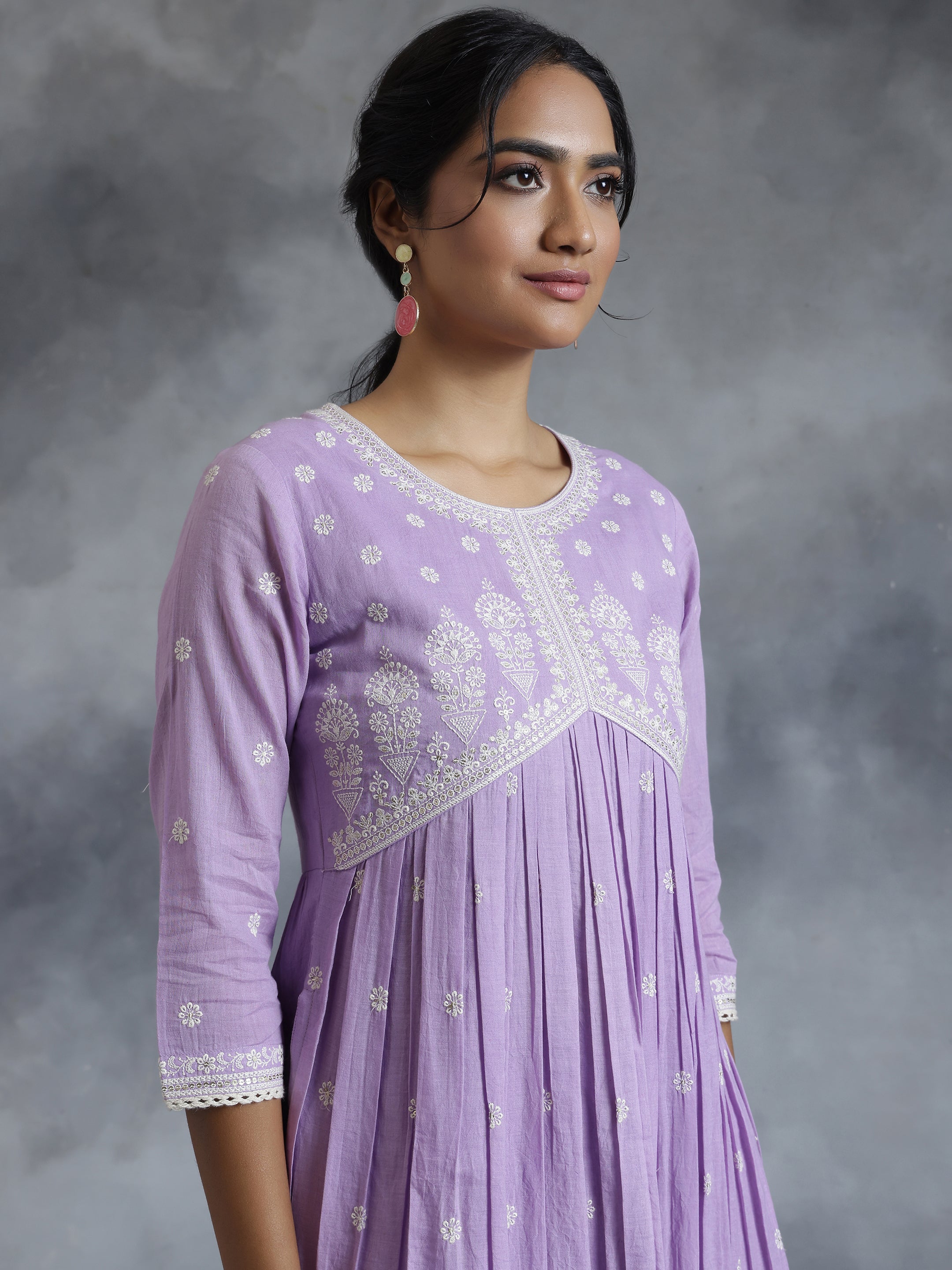 Lavender Embroidered Cotton A-Line Kurta