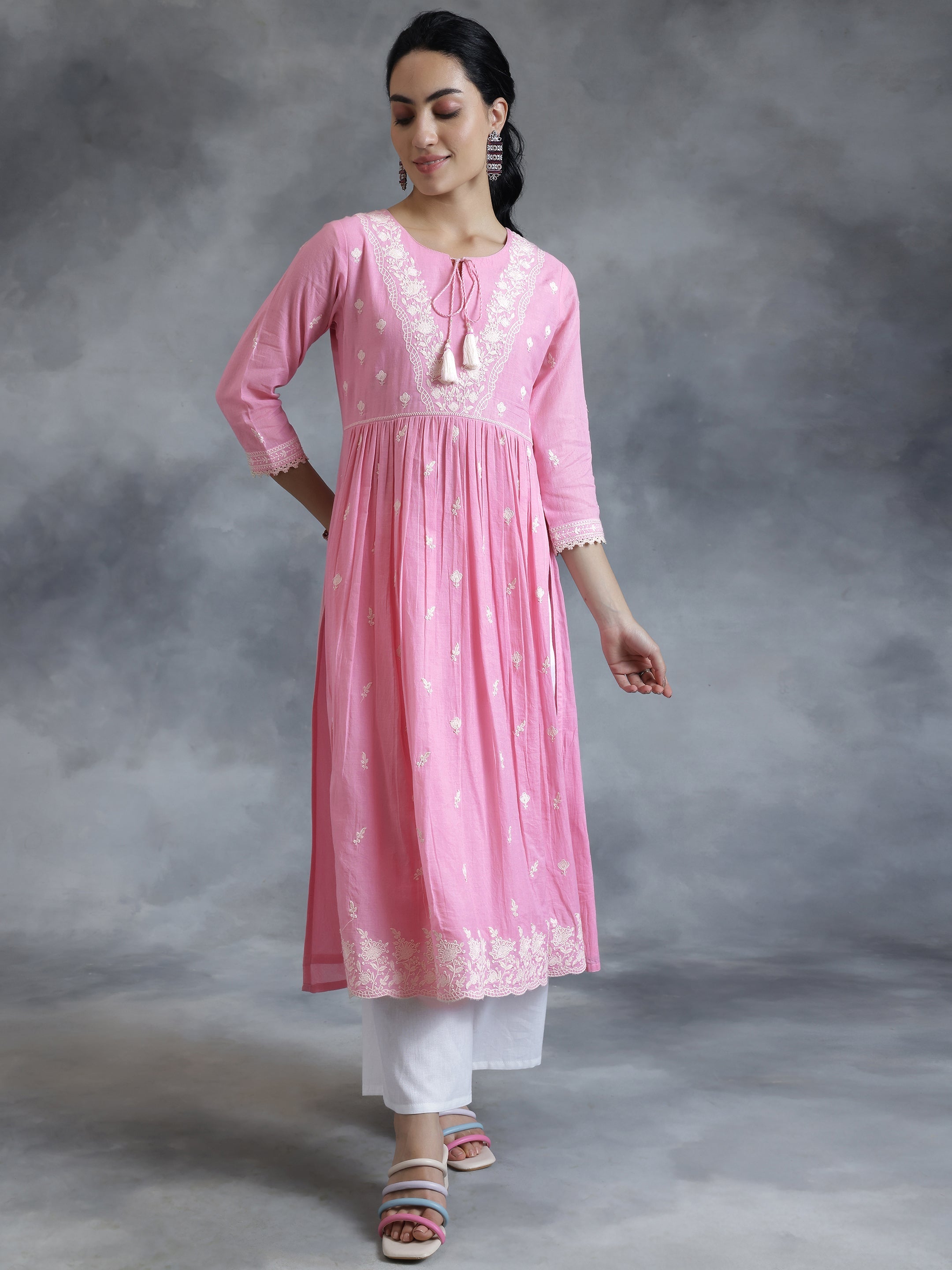 Pink Embroidered Cotton A-Line Kurta