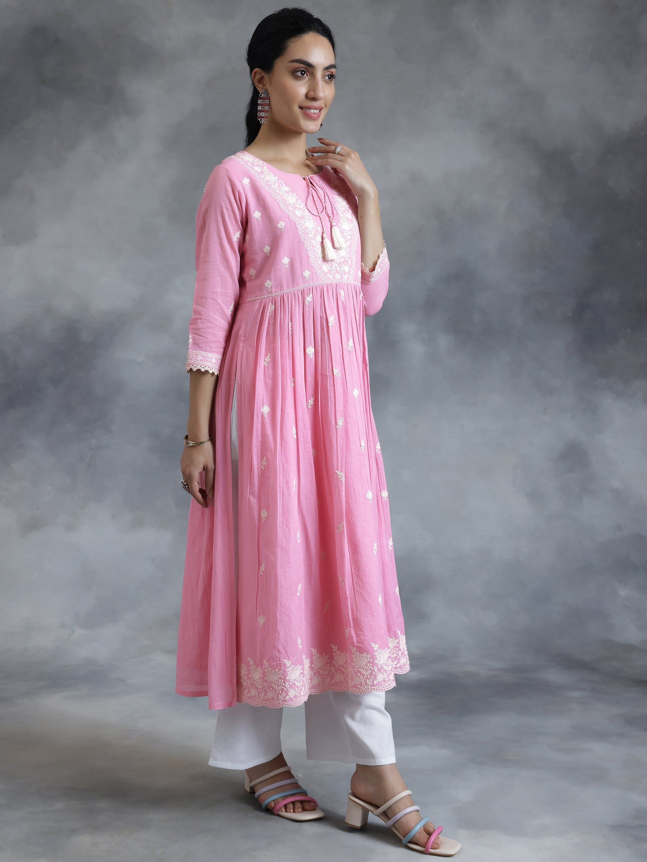 Pink Embroidered Cotton A-Line Kurta