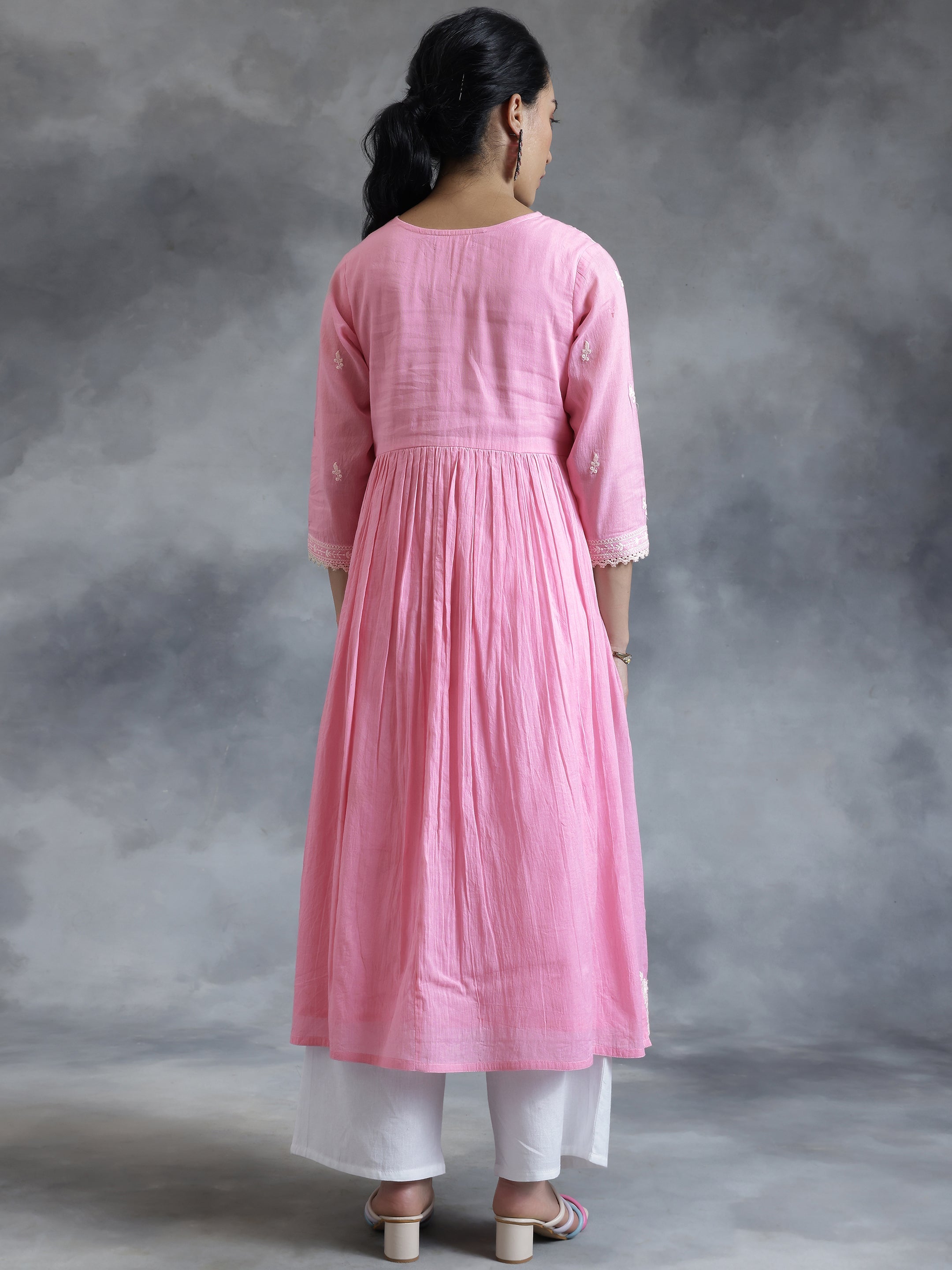 Pink Embroidered Cotton A-Line Kurta