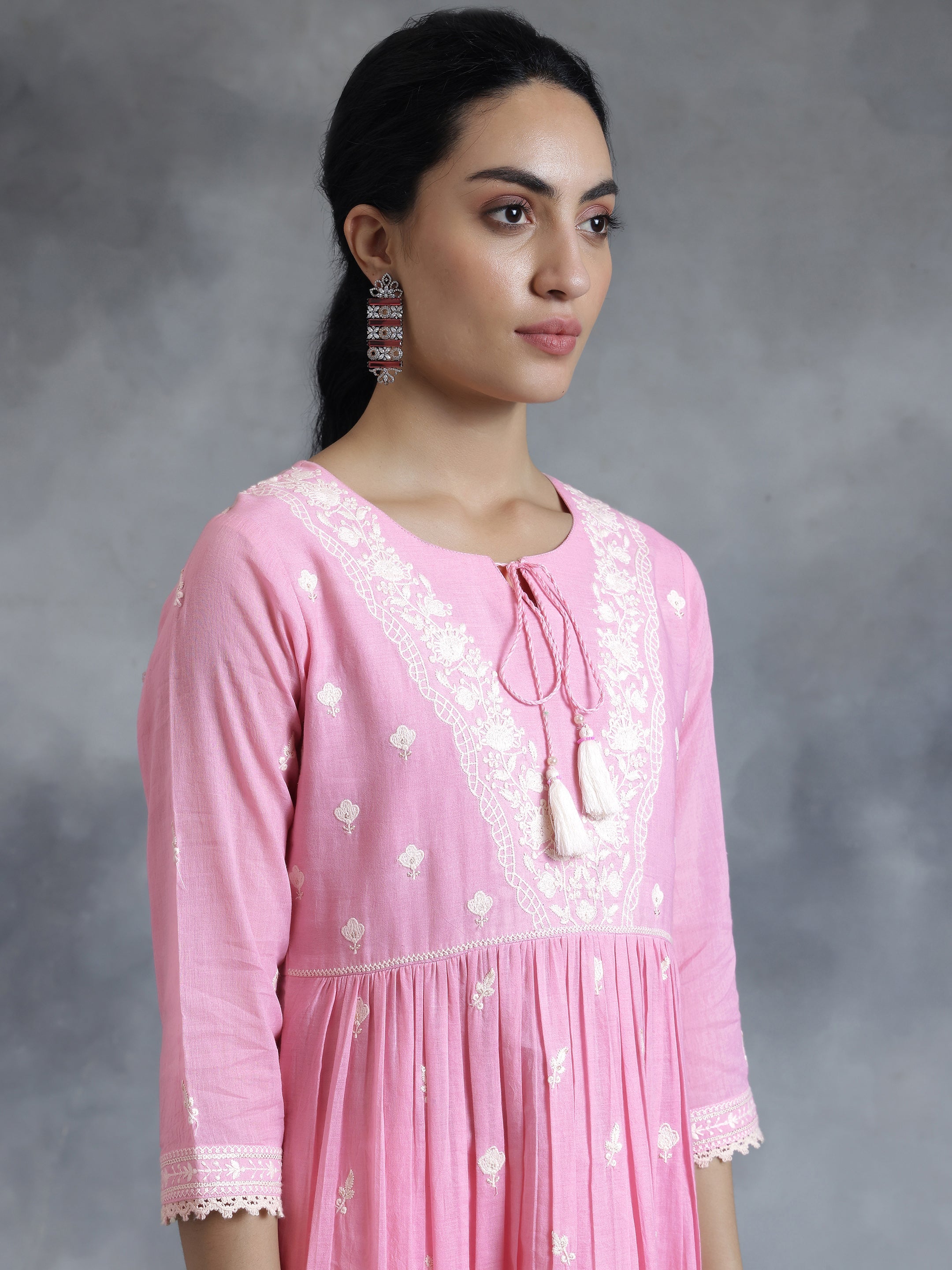 Pink Embroidered Cotton A-Line Kurta