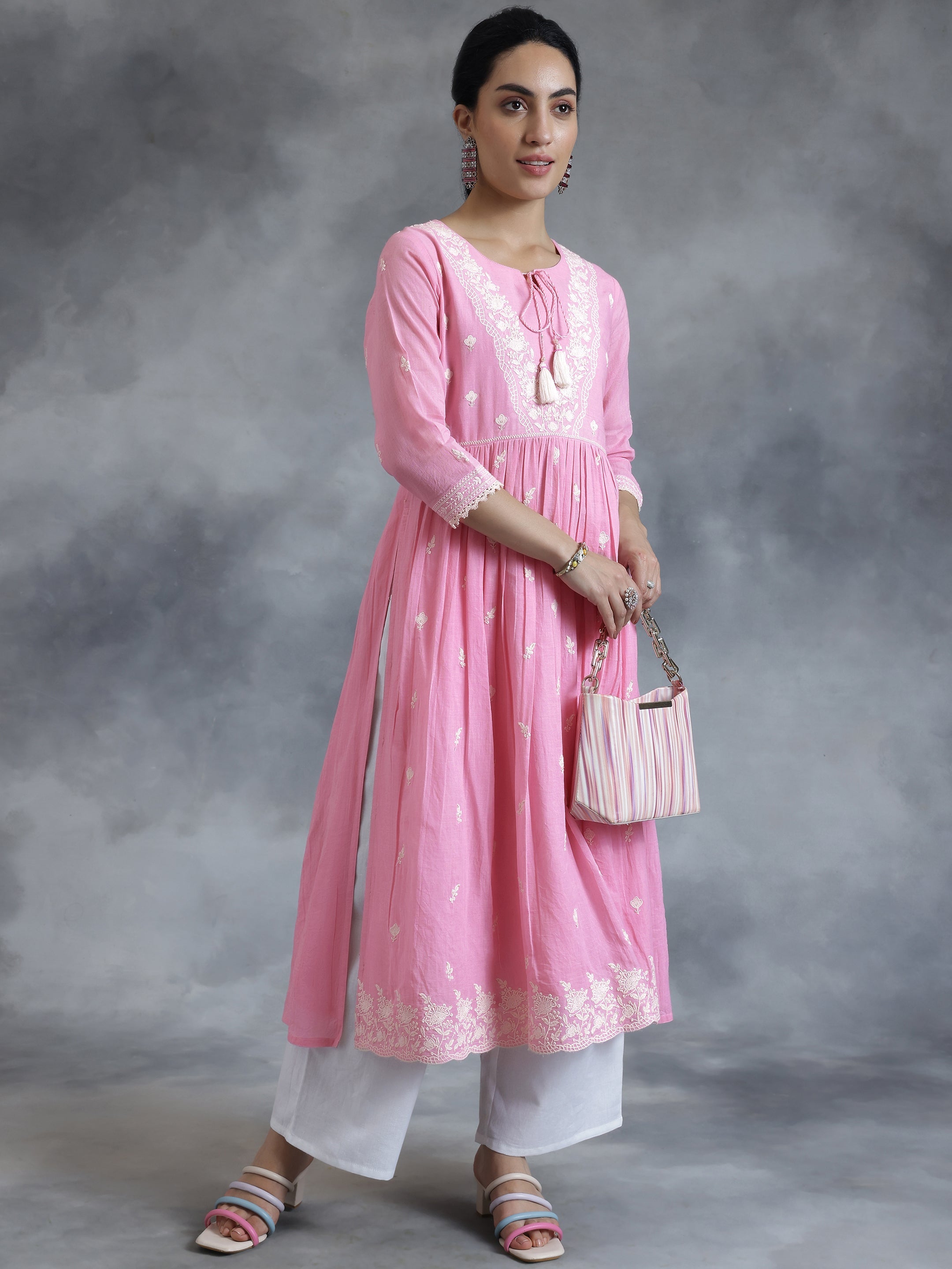 Pink Embroidered Cotton A-Line Kurta