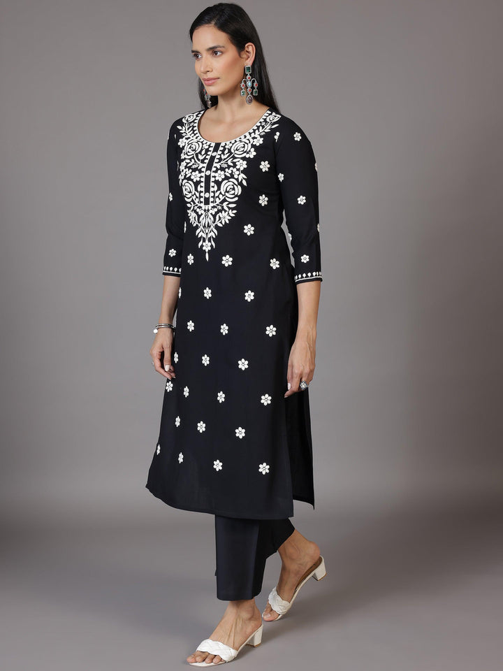 Black Embroidered Rayon Straight Kurta - Libas