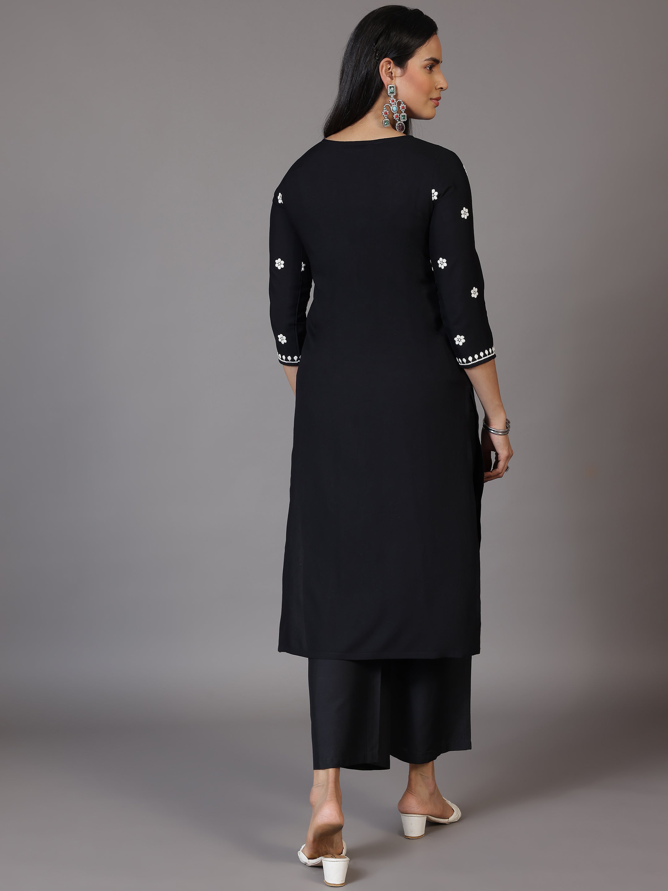 Black Embroidered Rayon Straight Kurta