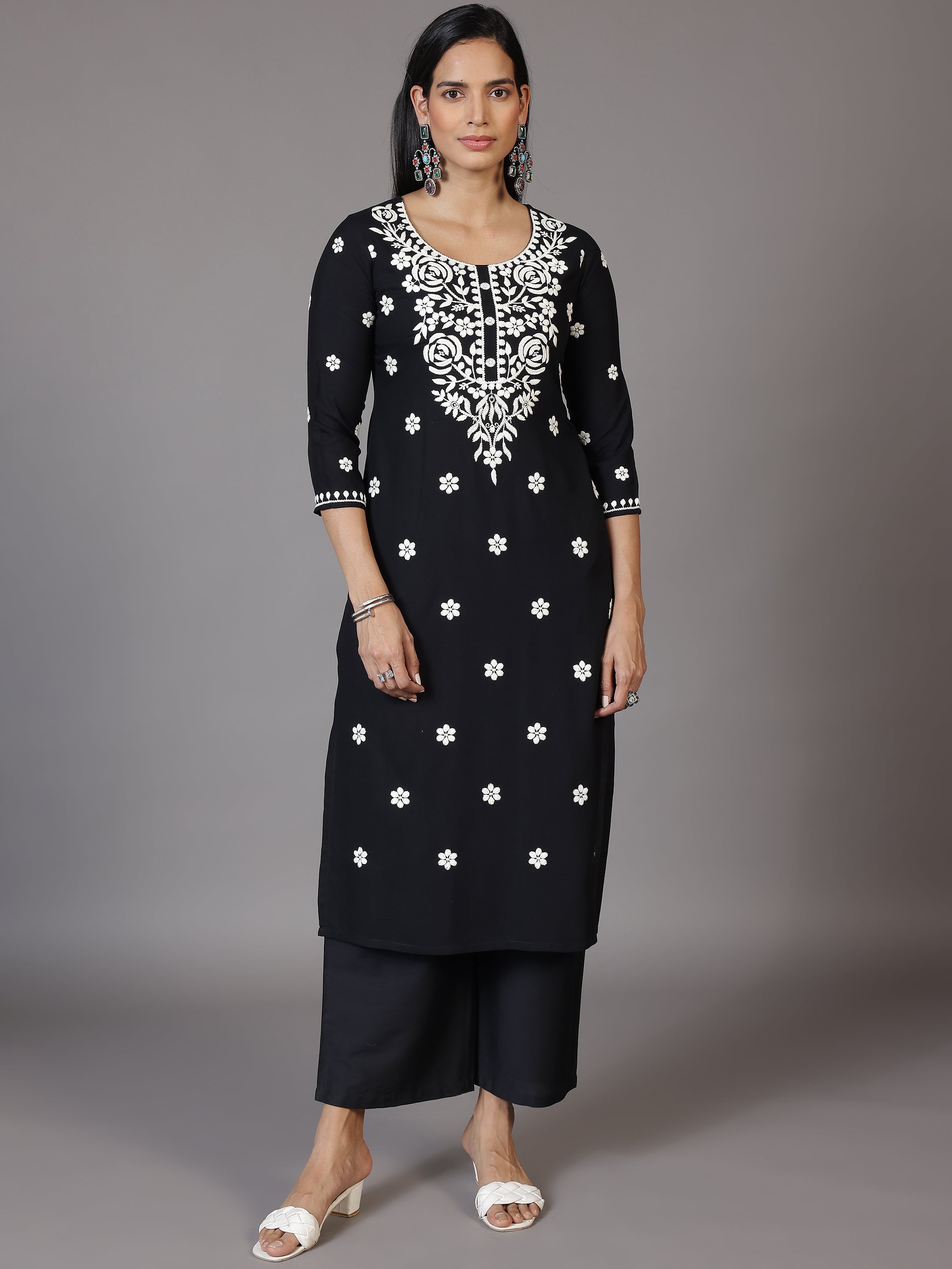 Black Embroidered Rayon Straight Kurta