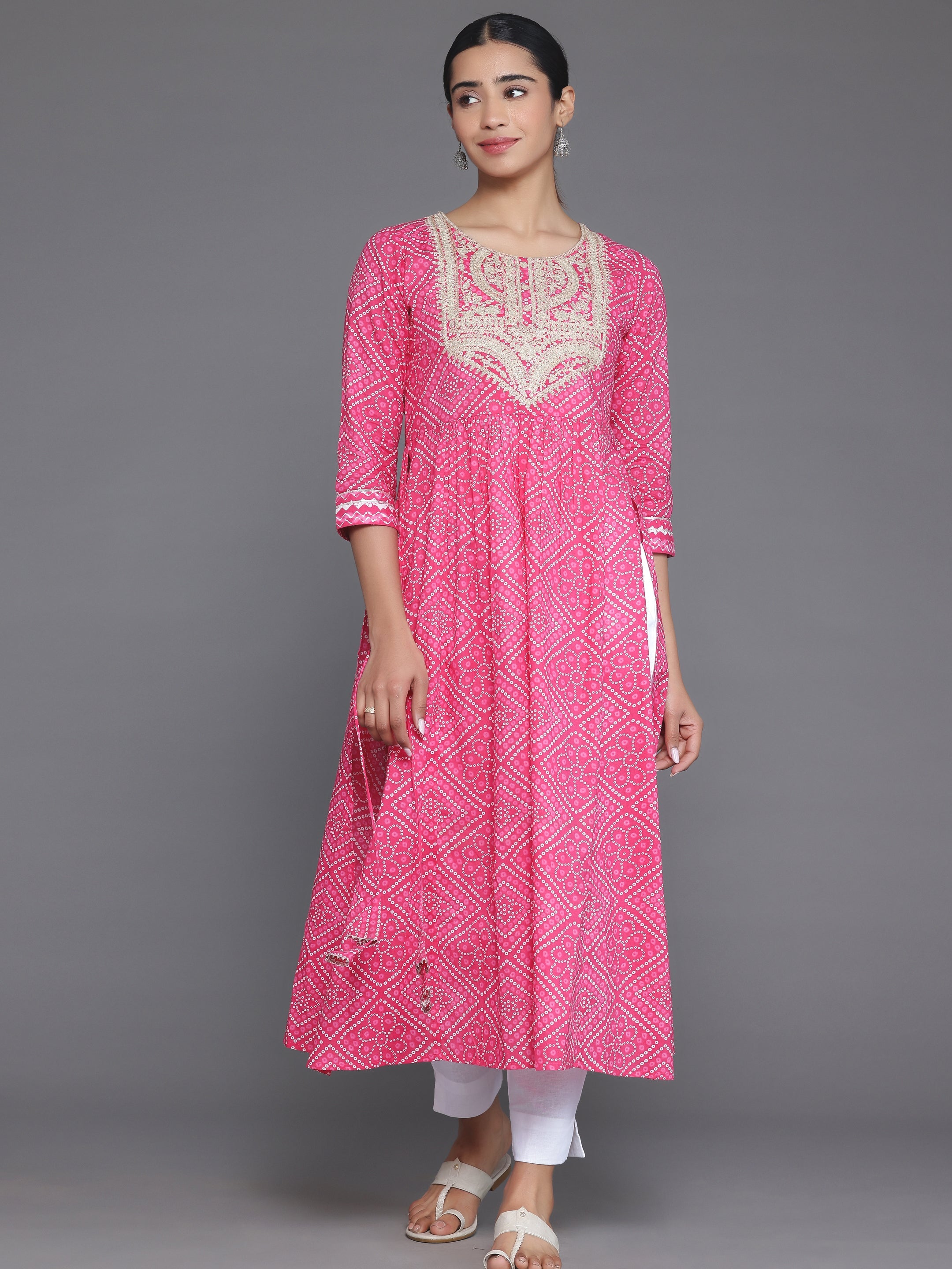 Pink Printed Cotton A-Line Kurta