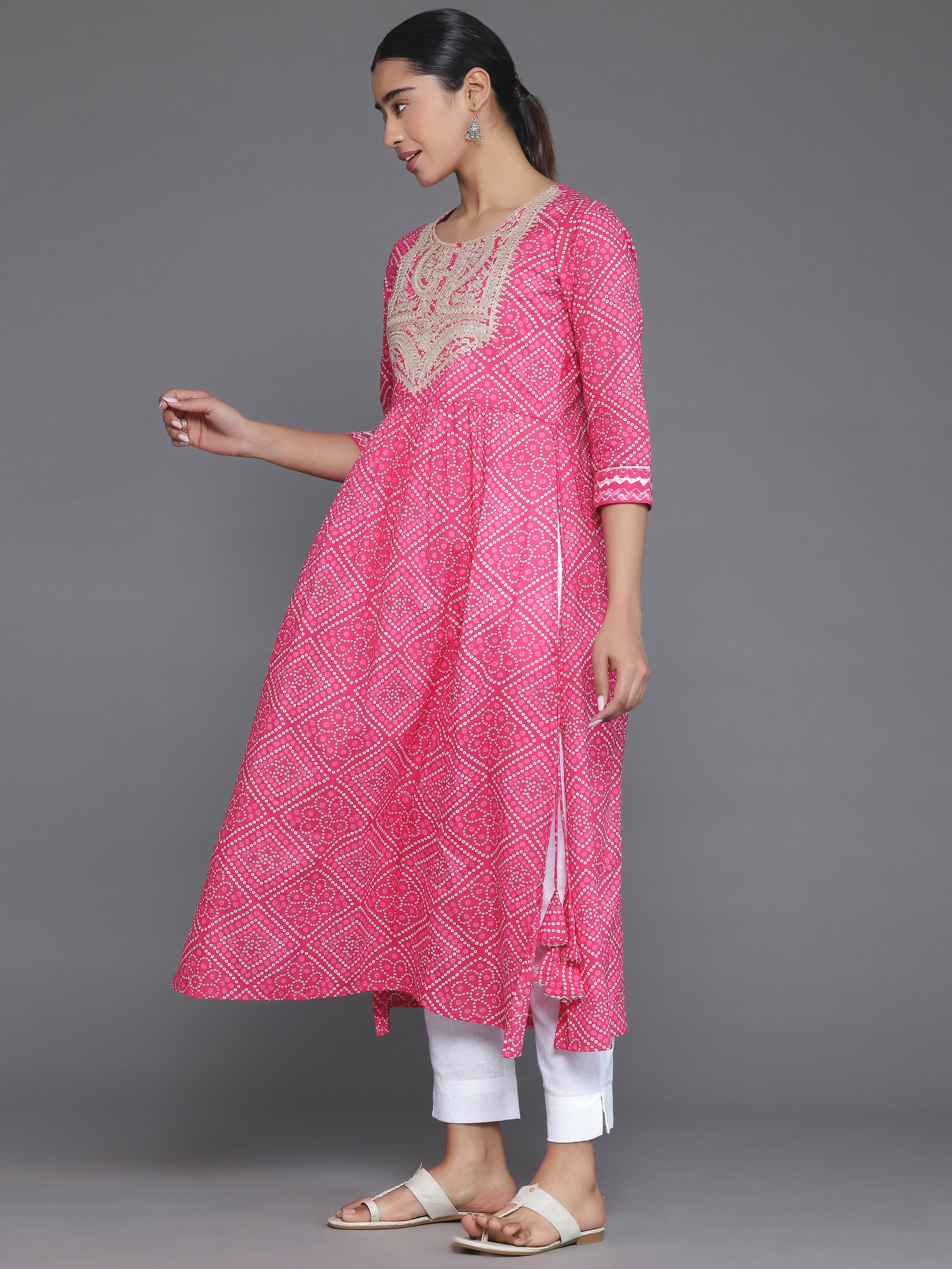 Pink Printed Cotton A-Line Kurta