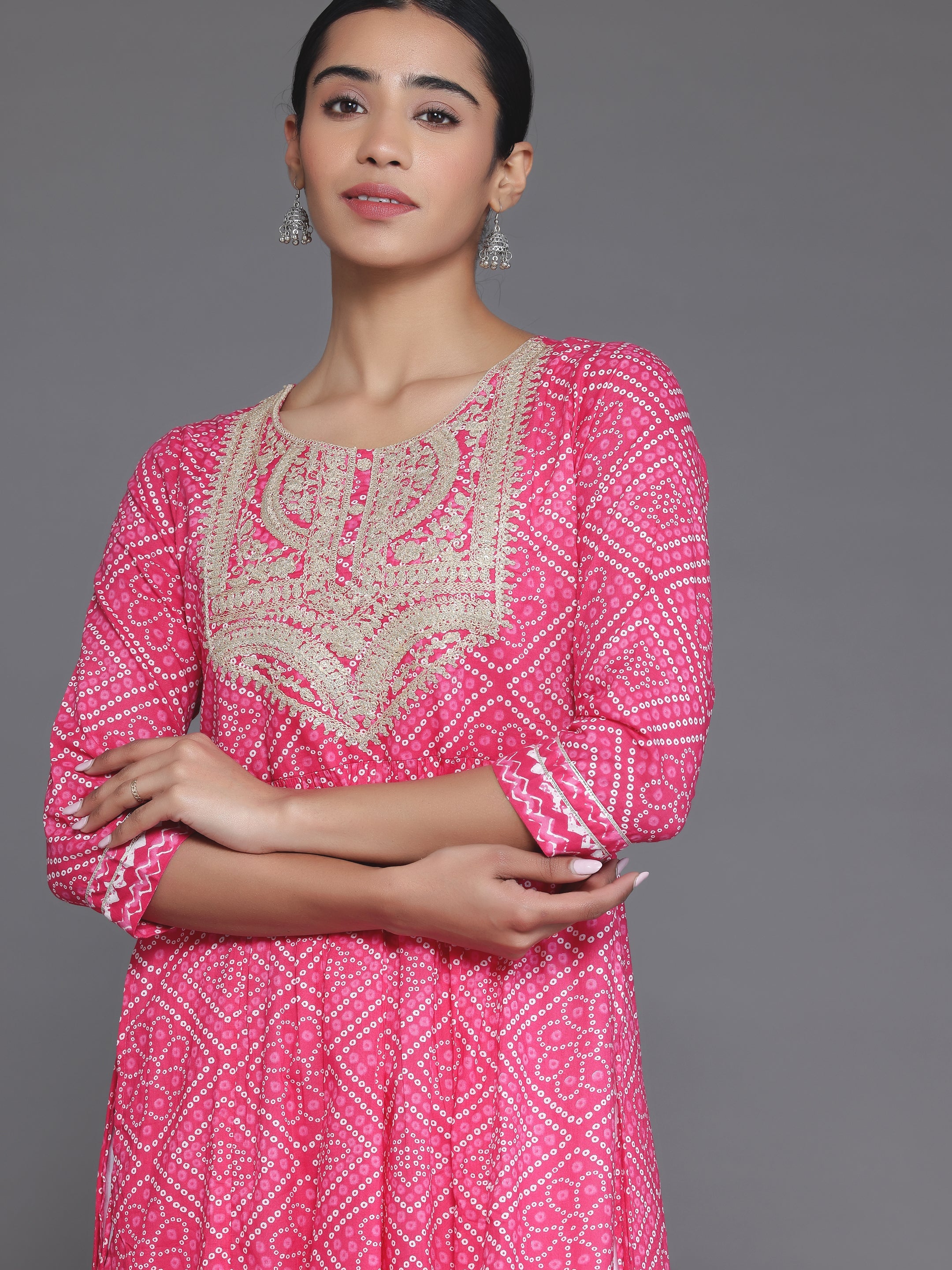 Pink Printed Cotton A-Line Kurta