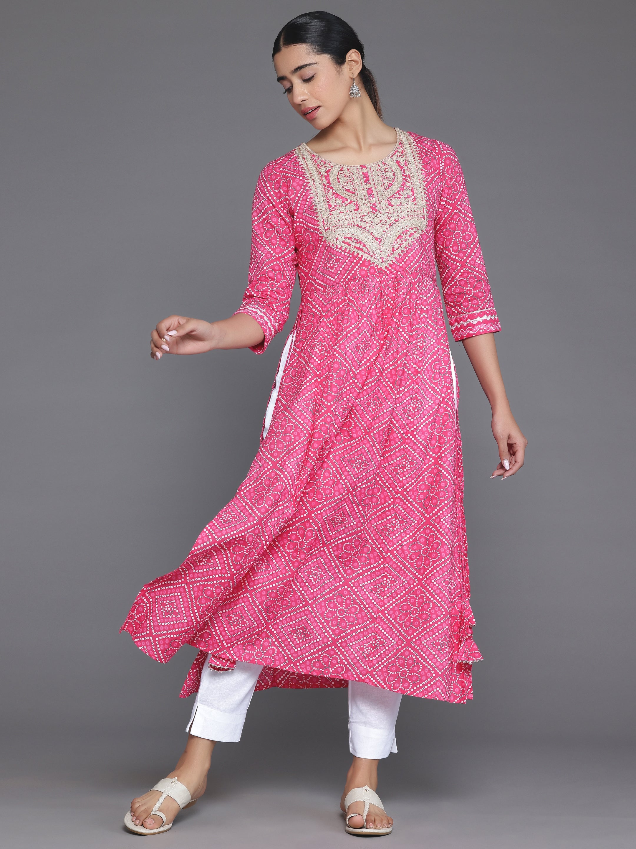 Pink Printed Cotton A-Line Kurta