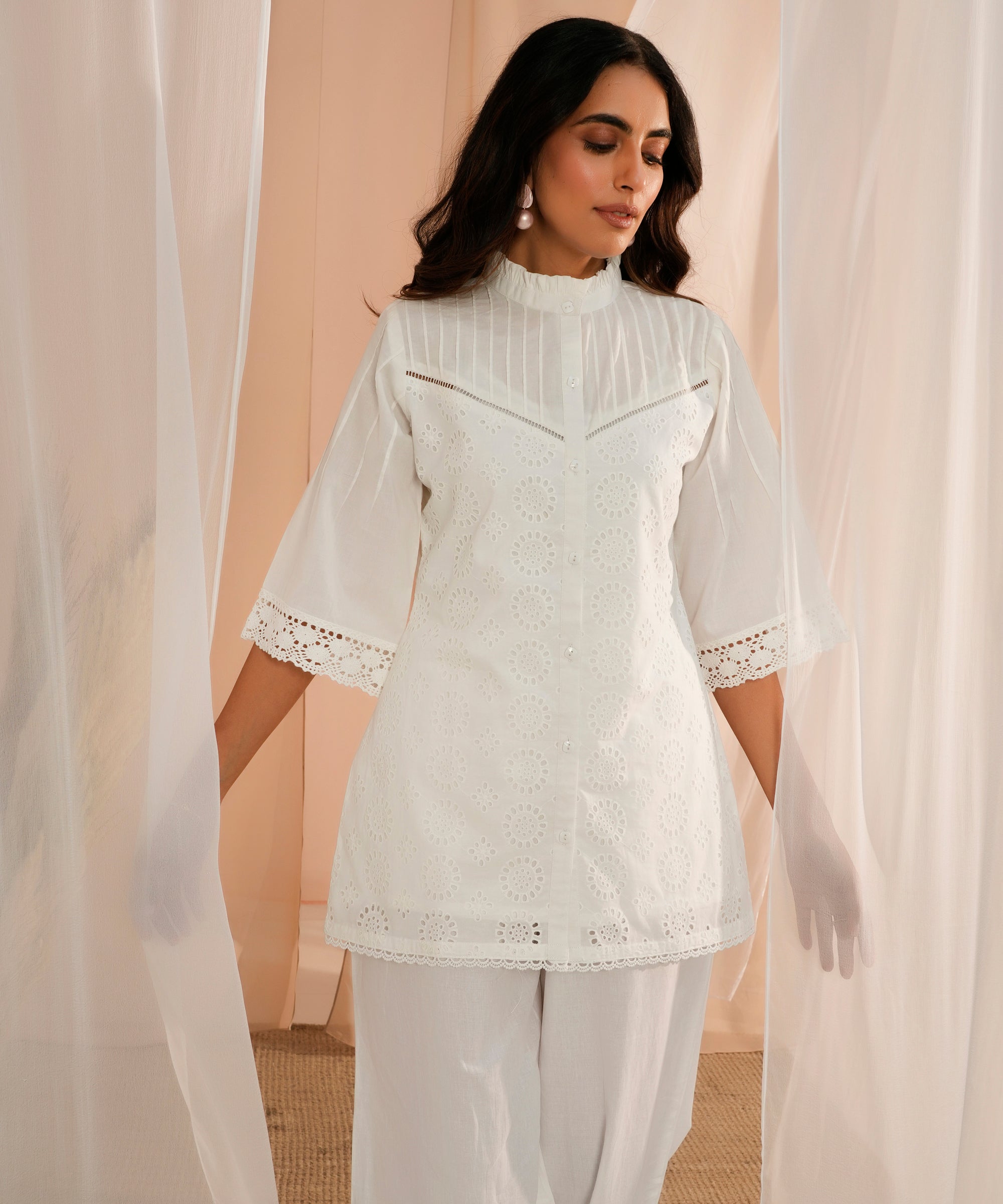 White Embroidered Cotton Straight Kurti