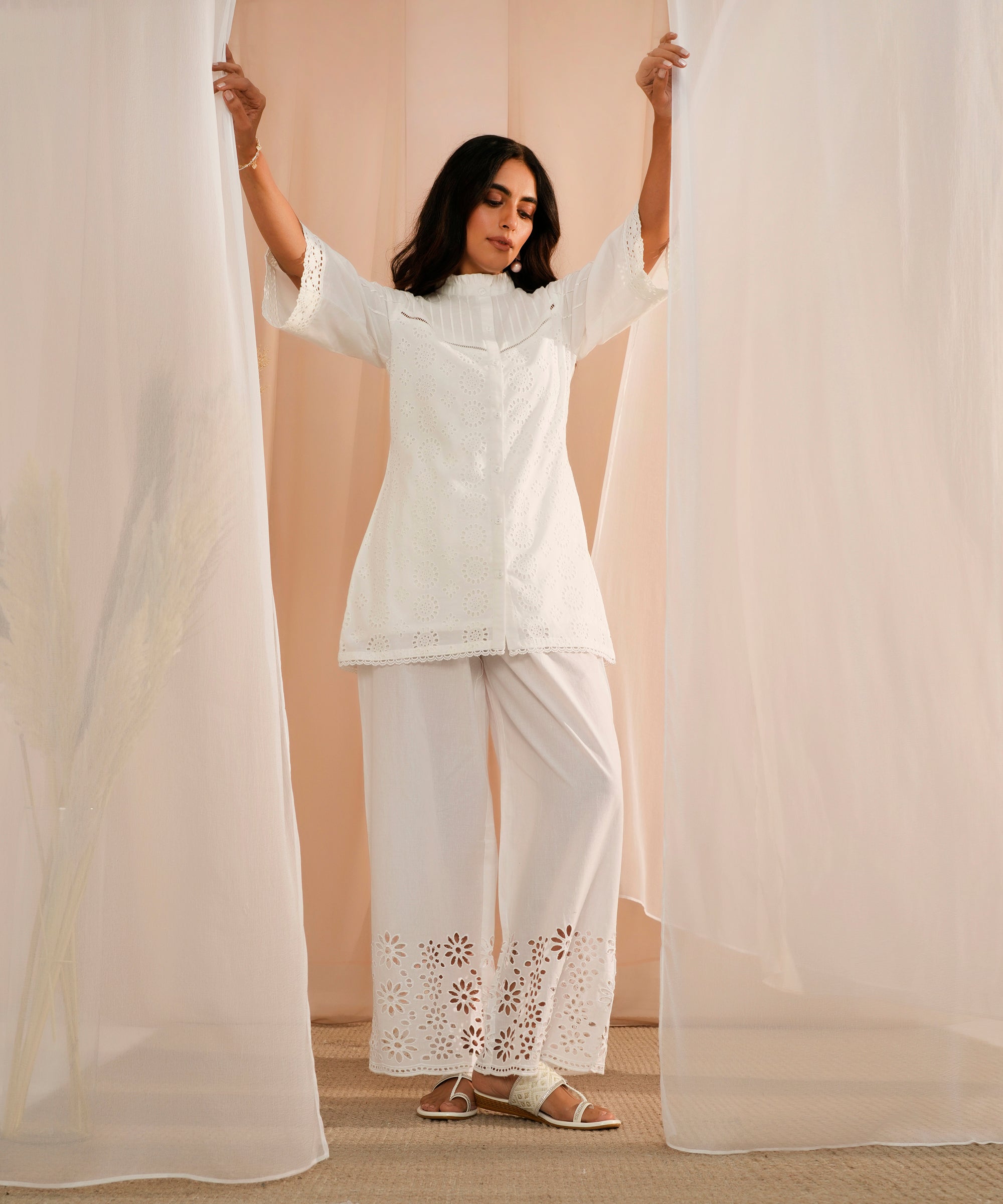 White Embroidered Cotton Straight Kurti