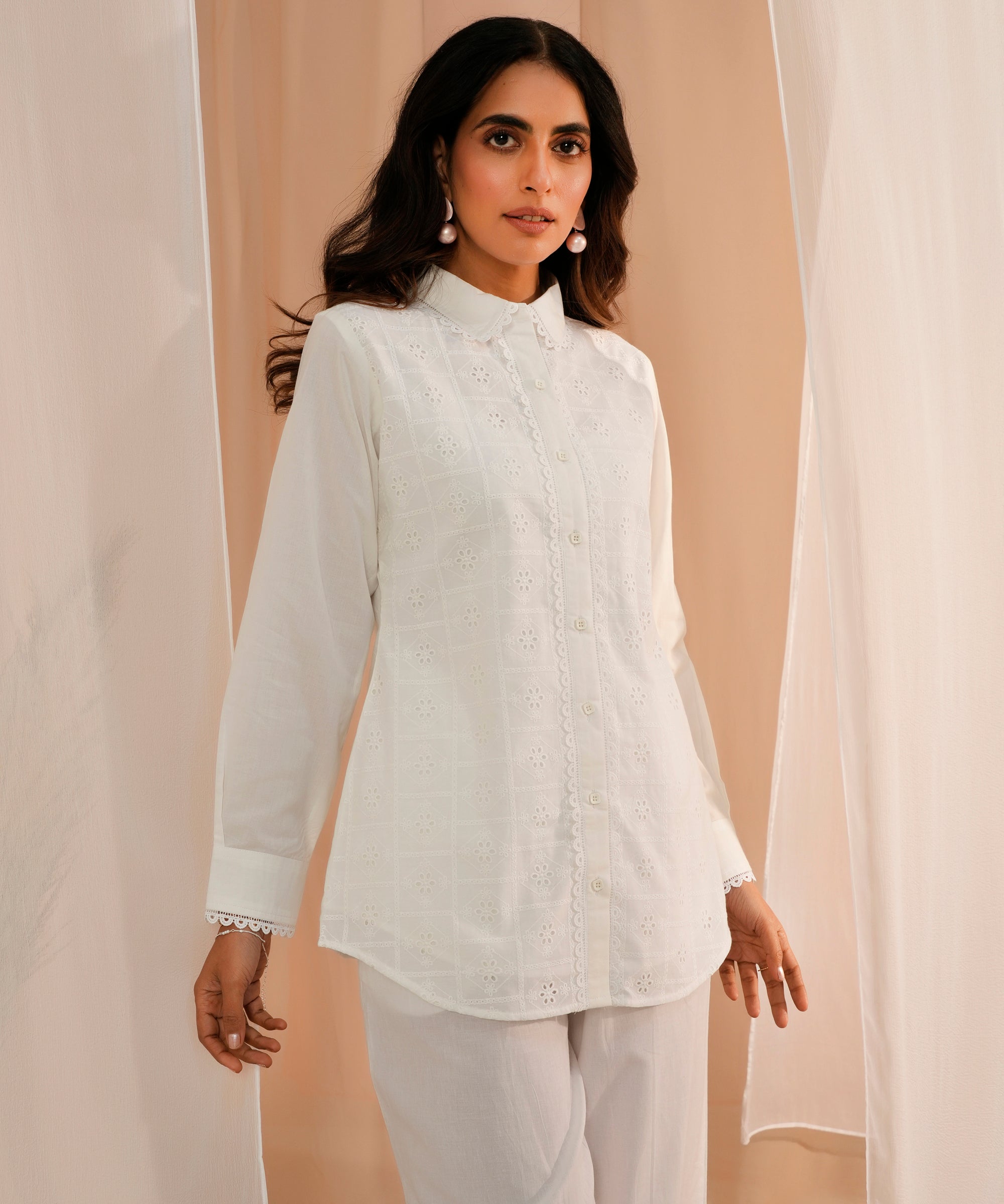 White Embroidered Cotton Straight Kurti