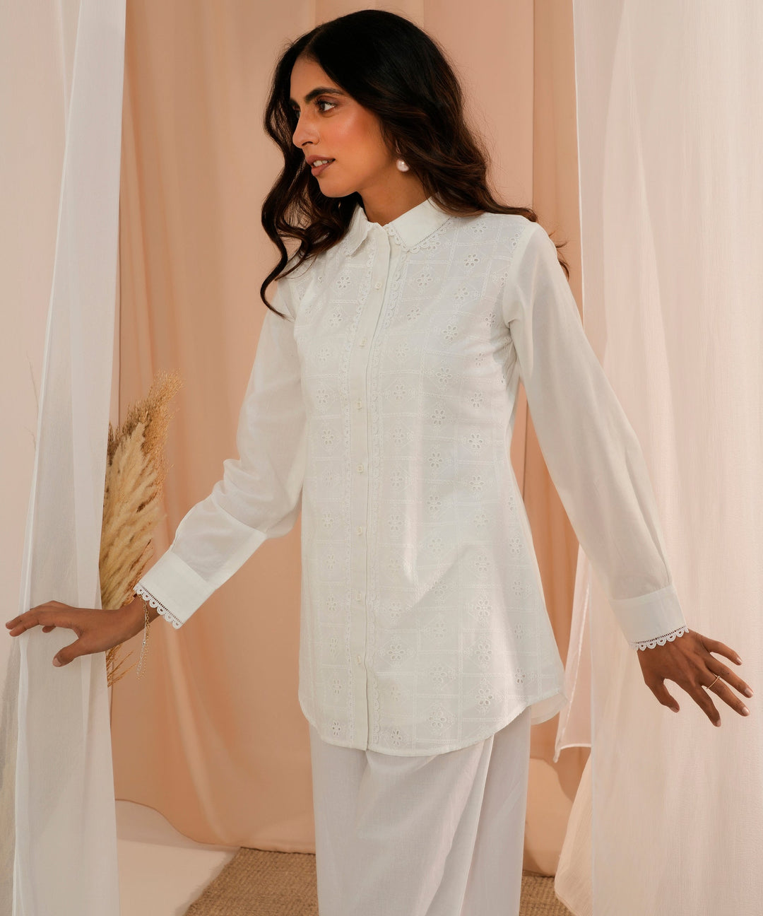 White Embroidered Cotton Straight Kurti