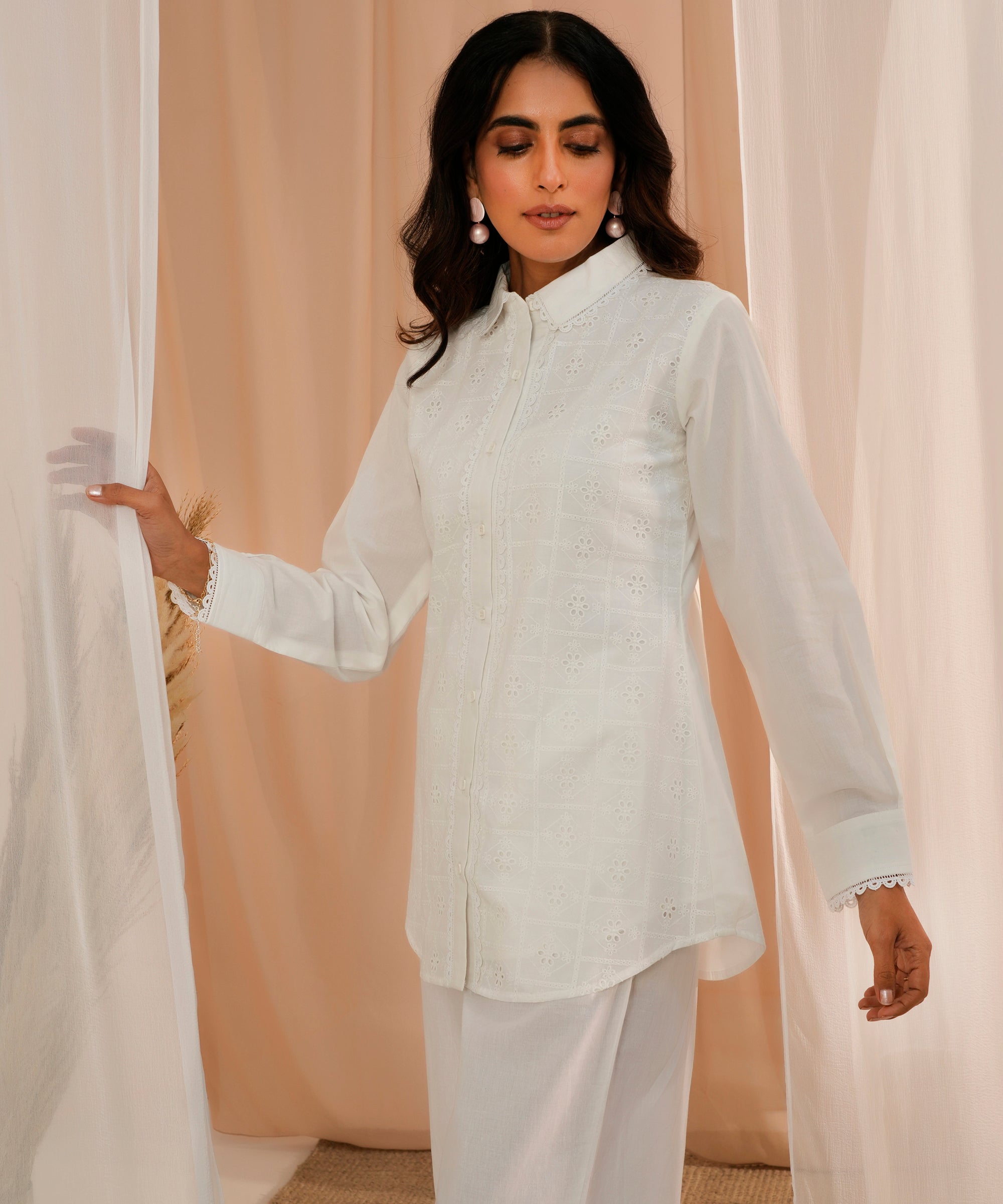 White Embroidered Cotton Straight Kurti