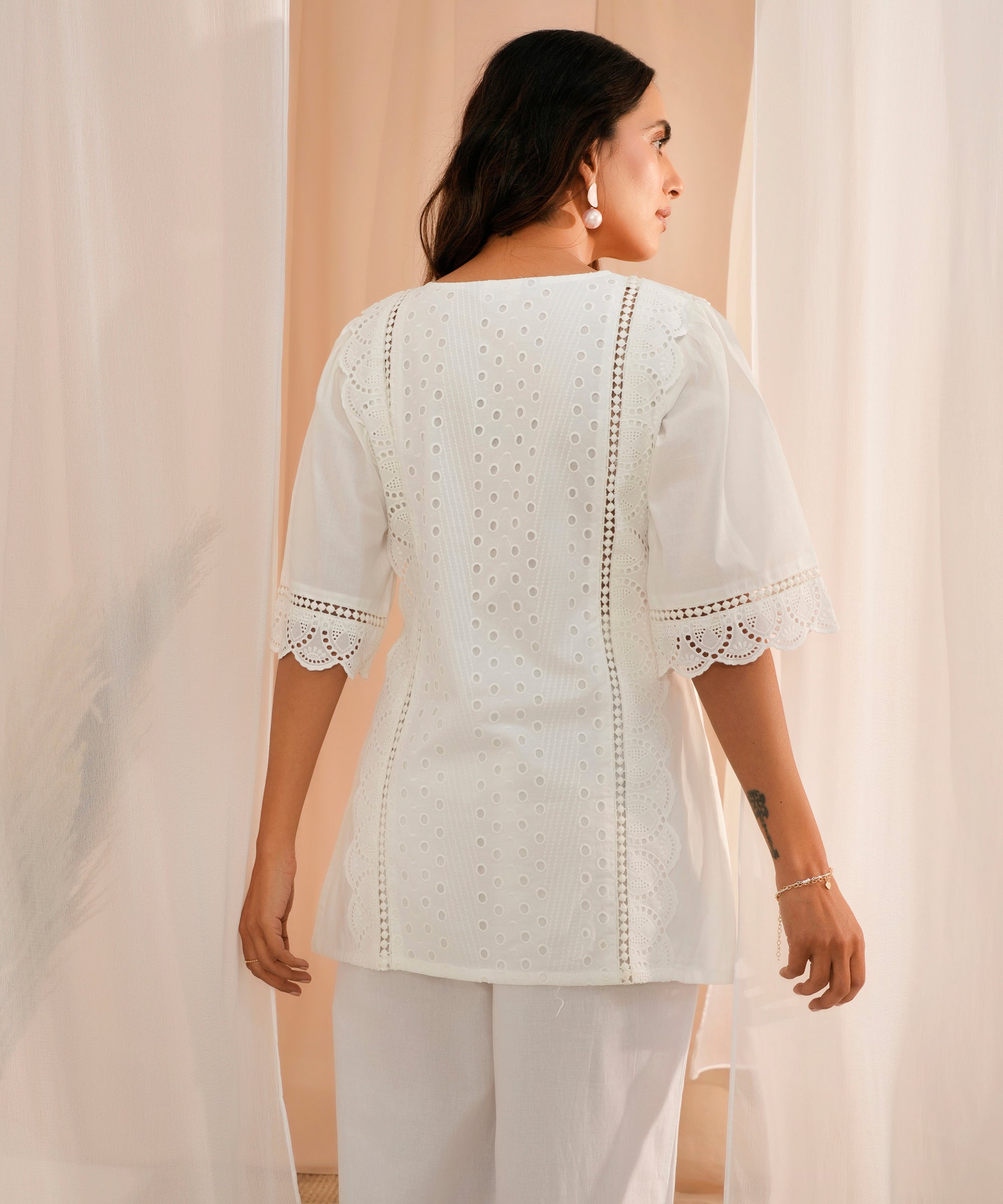 White Embroidered Cotton Straight Kurti