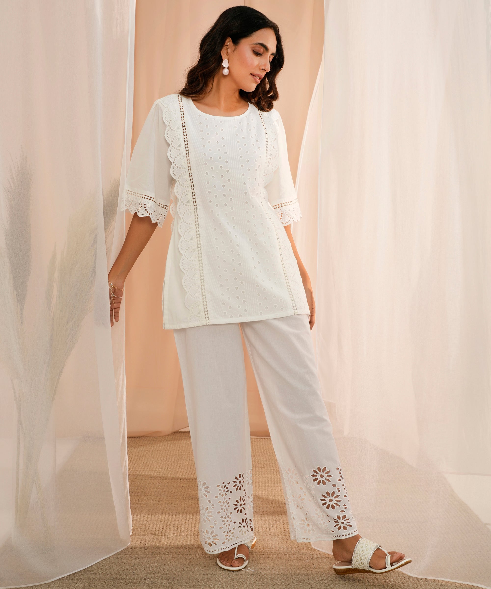 White Embroidered Cotton Straight Kurti