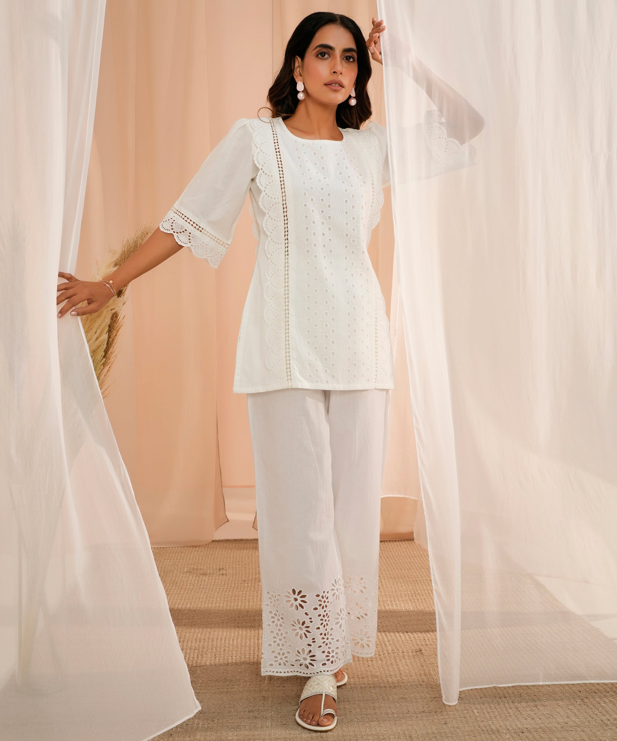 White Embroidered Cotton Straight Kurti