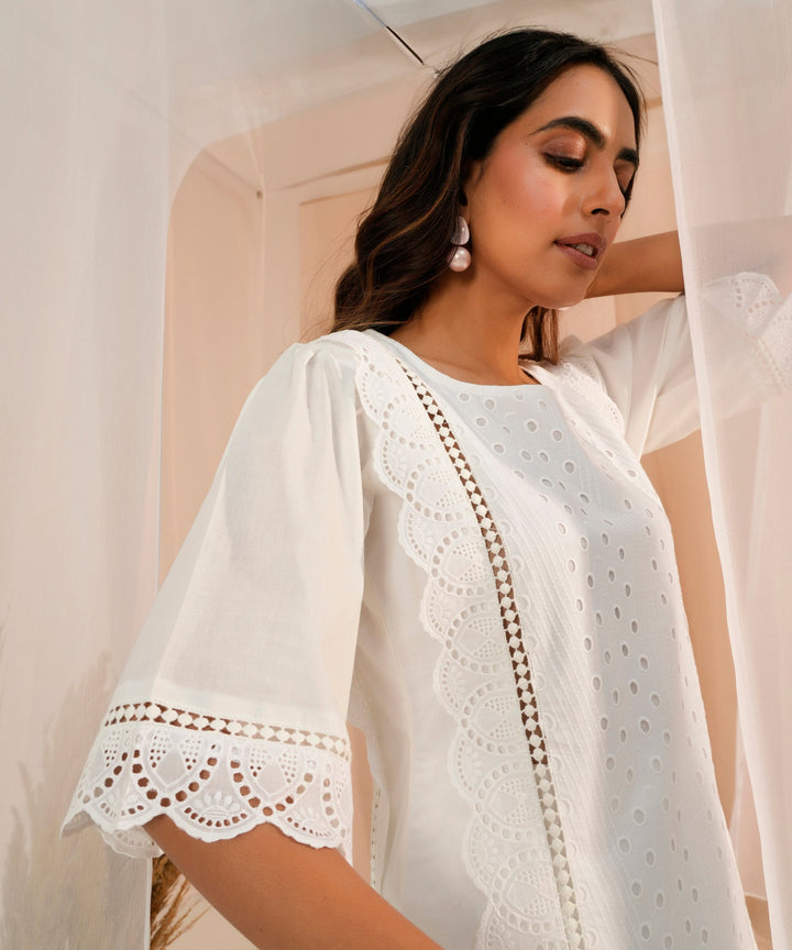 White Embroidered Cotton Straight Kurti