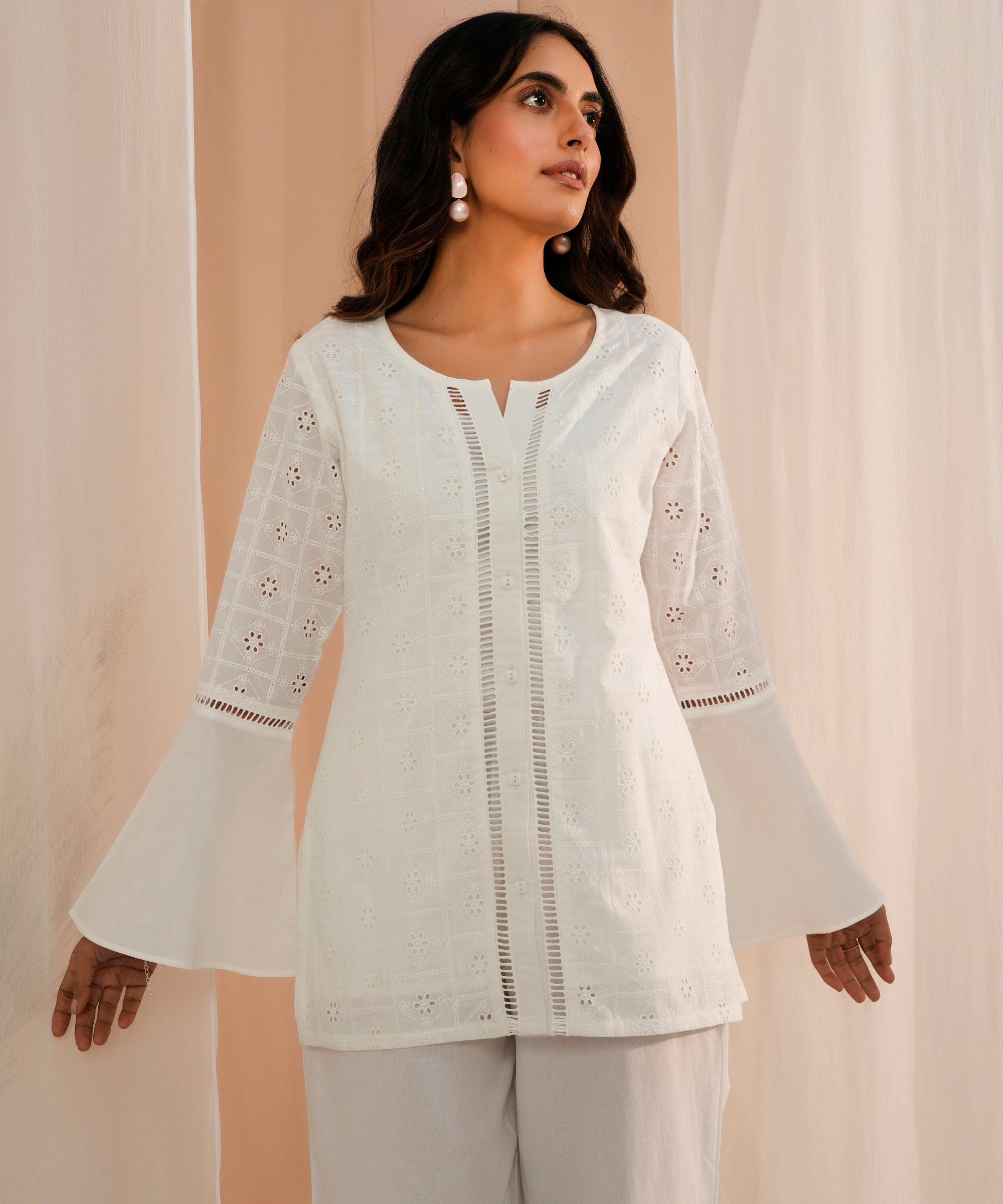 White Embroidered Cotton Straight Kurti