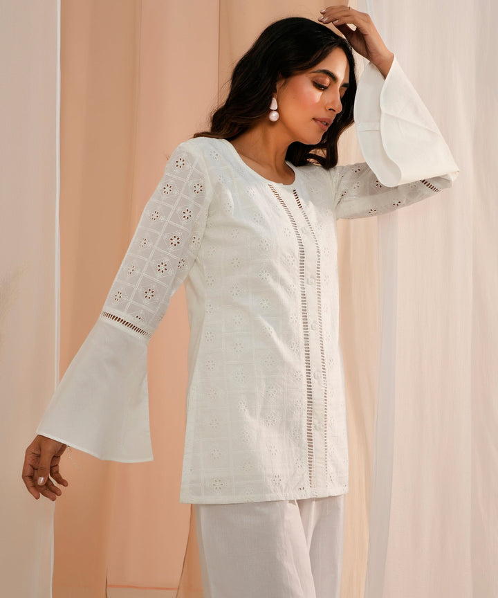 White Embroidered Cotton Straight Kurti