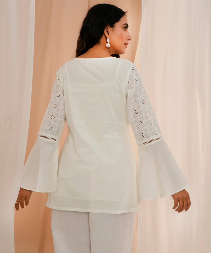 White Embroidered Cotton Straight Kurti