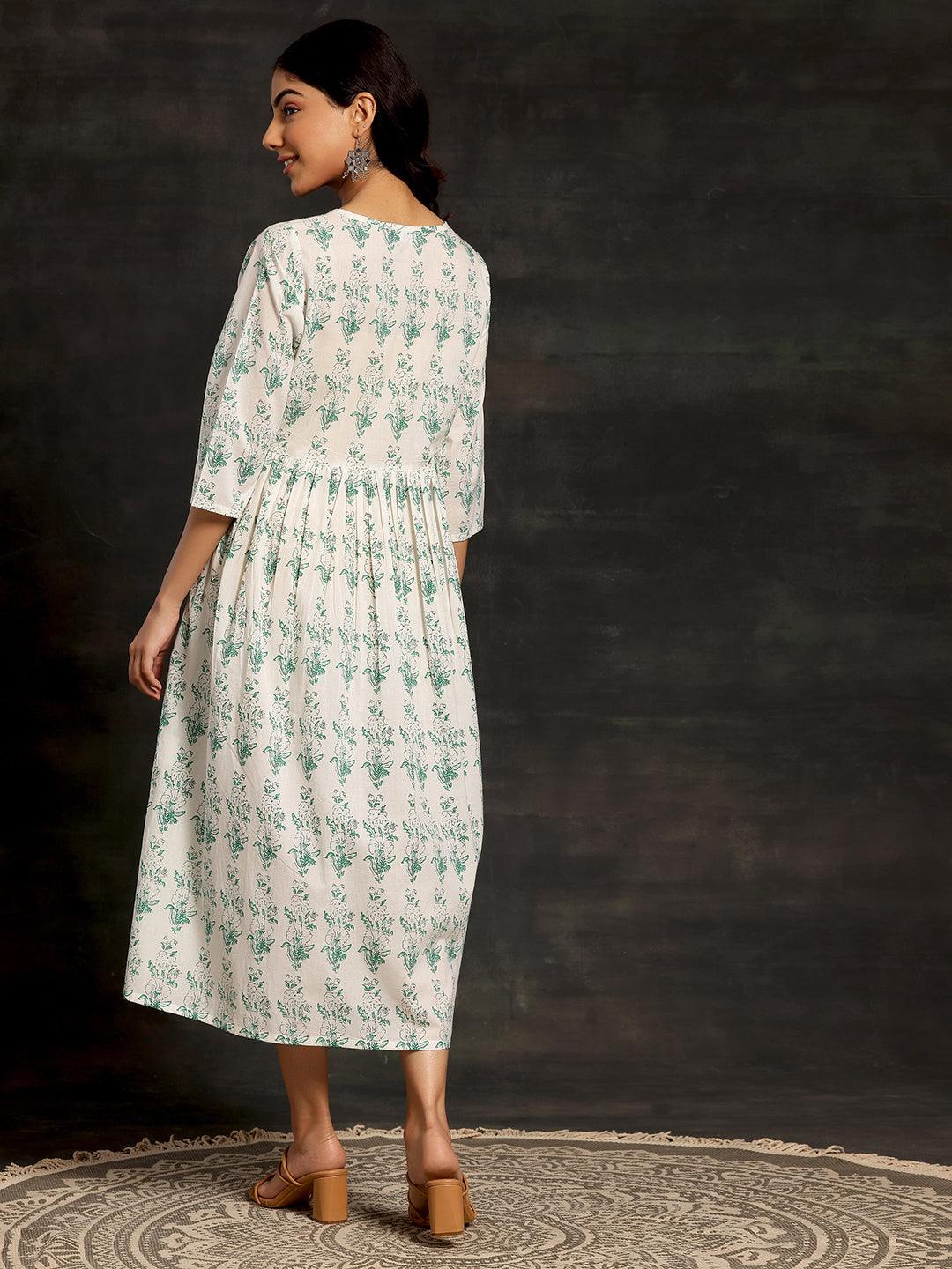 White Printed Cotton A-Line Dress