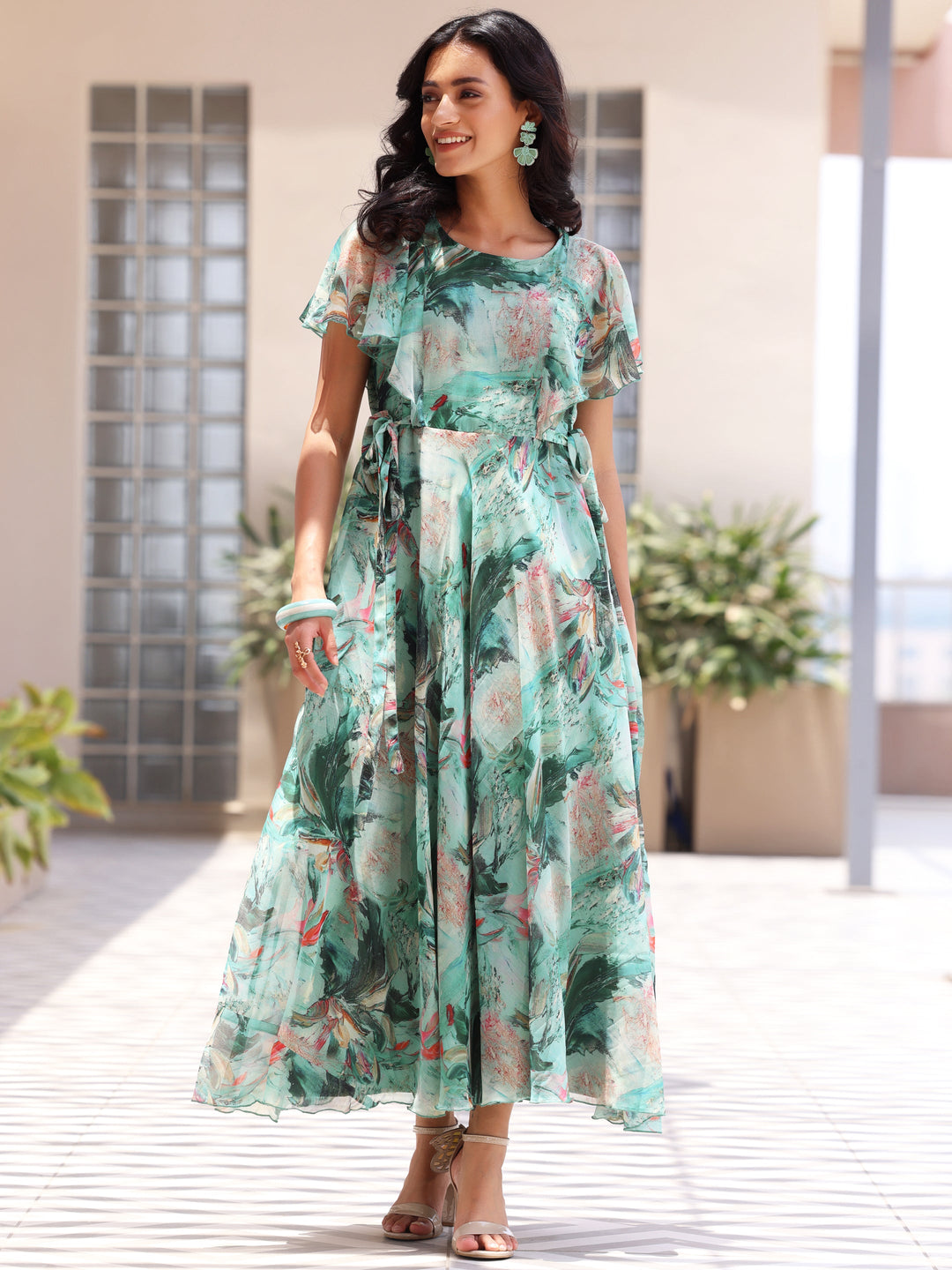 Green Printed Chiffon A-Line Dress With Belt