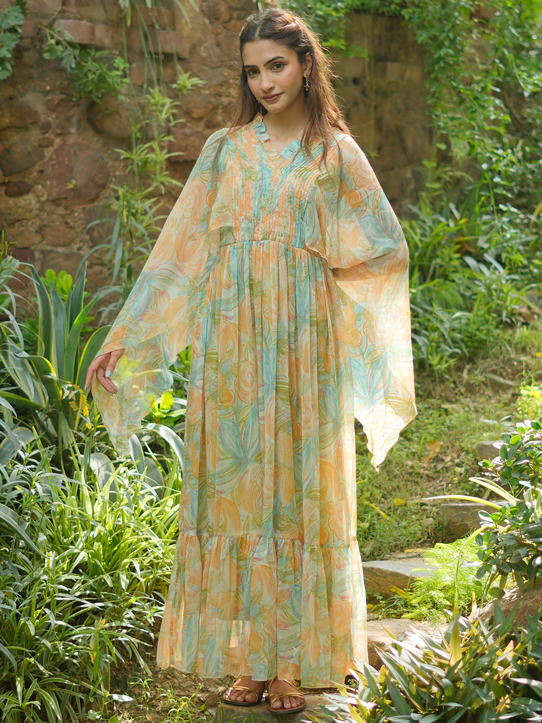 Green Printed Chiffon A-Line Dress