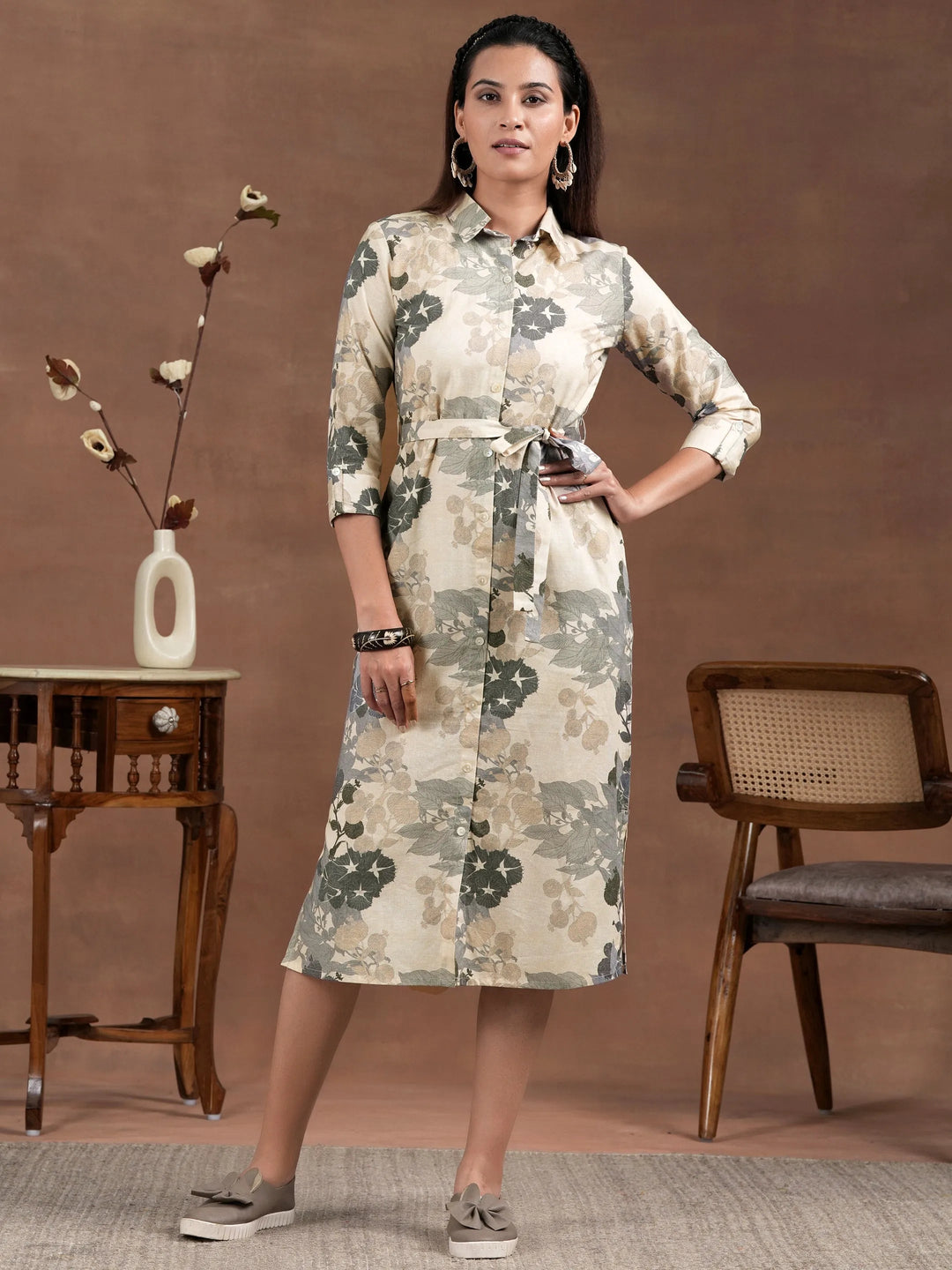 Off White Printed Linen Shirt Dress With Belt