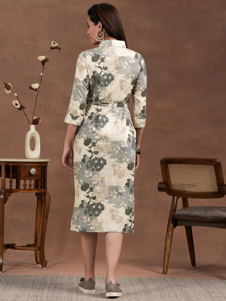 Off White Printed Linen Shirt Dress With Belt