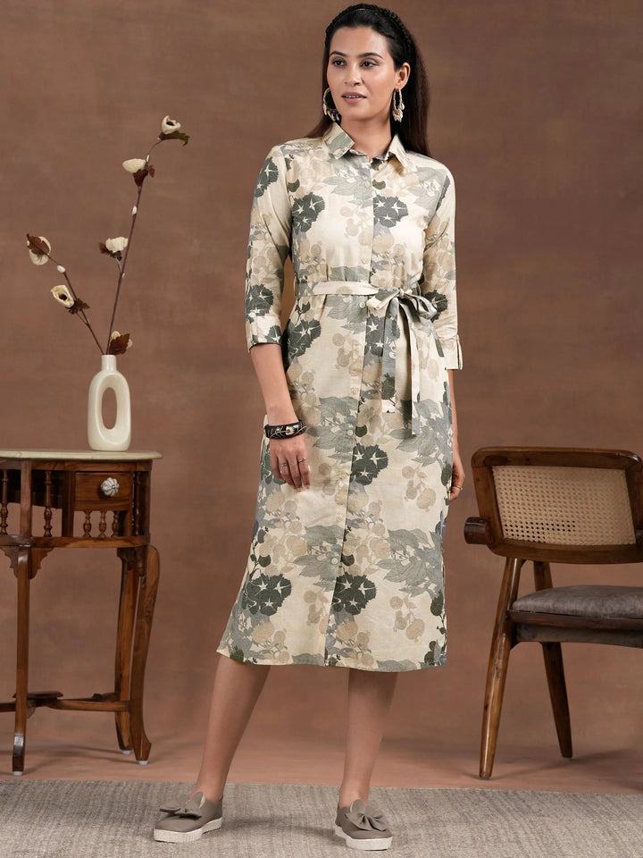 Off White Printed Linen Shirt Dress With Belt