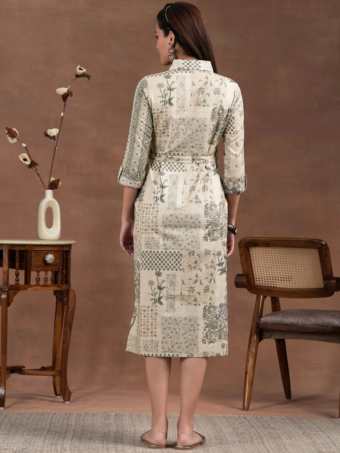 Off White Printed Linen Shirt Dress With Belt