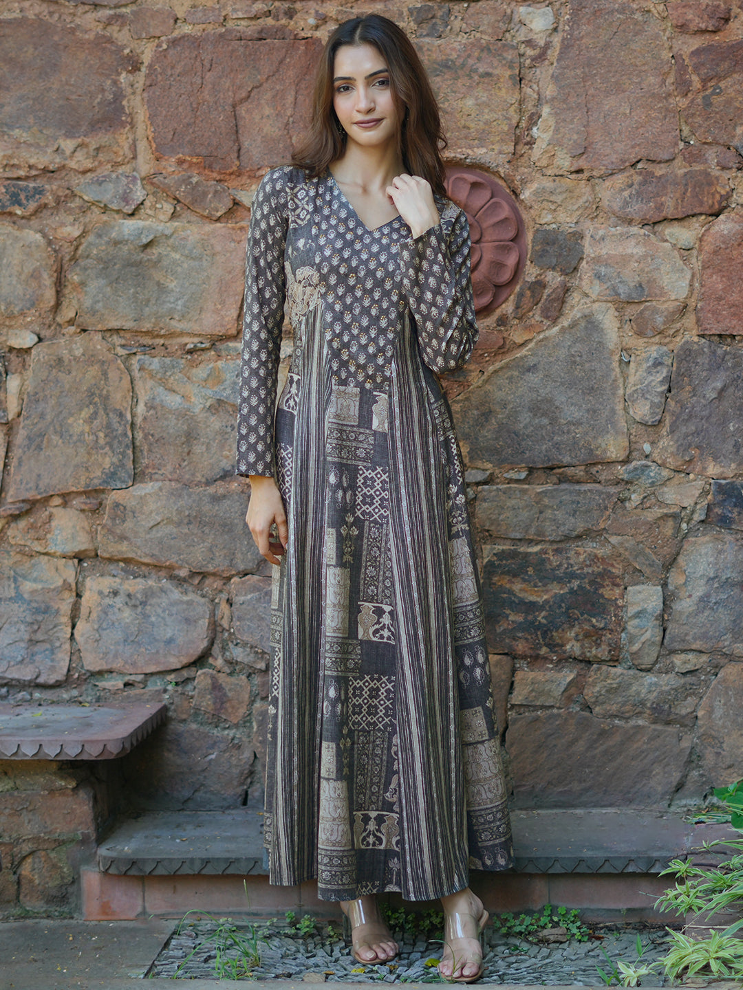 Grey Printed Cotton Blend A-Line Dress