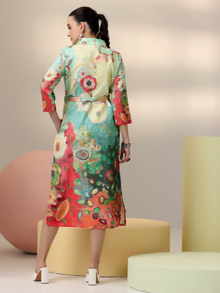 Sea Green Printed Linen Shirt Dress With Belt