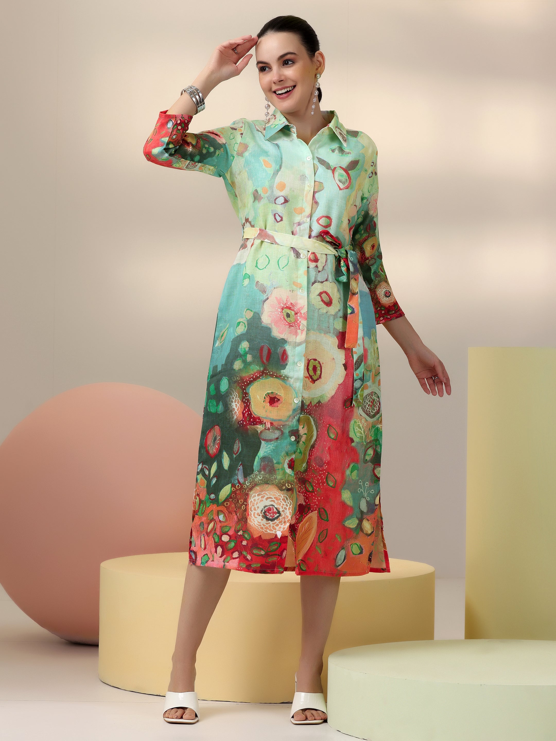 Sea Green Printed Linen Shirt Dress With Belt